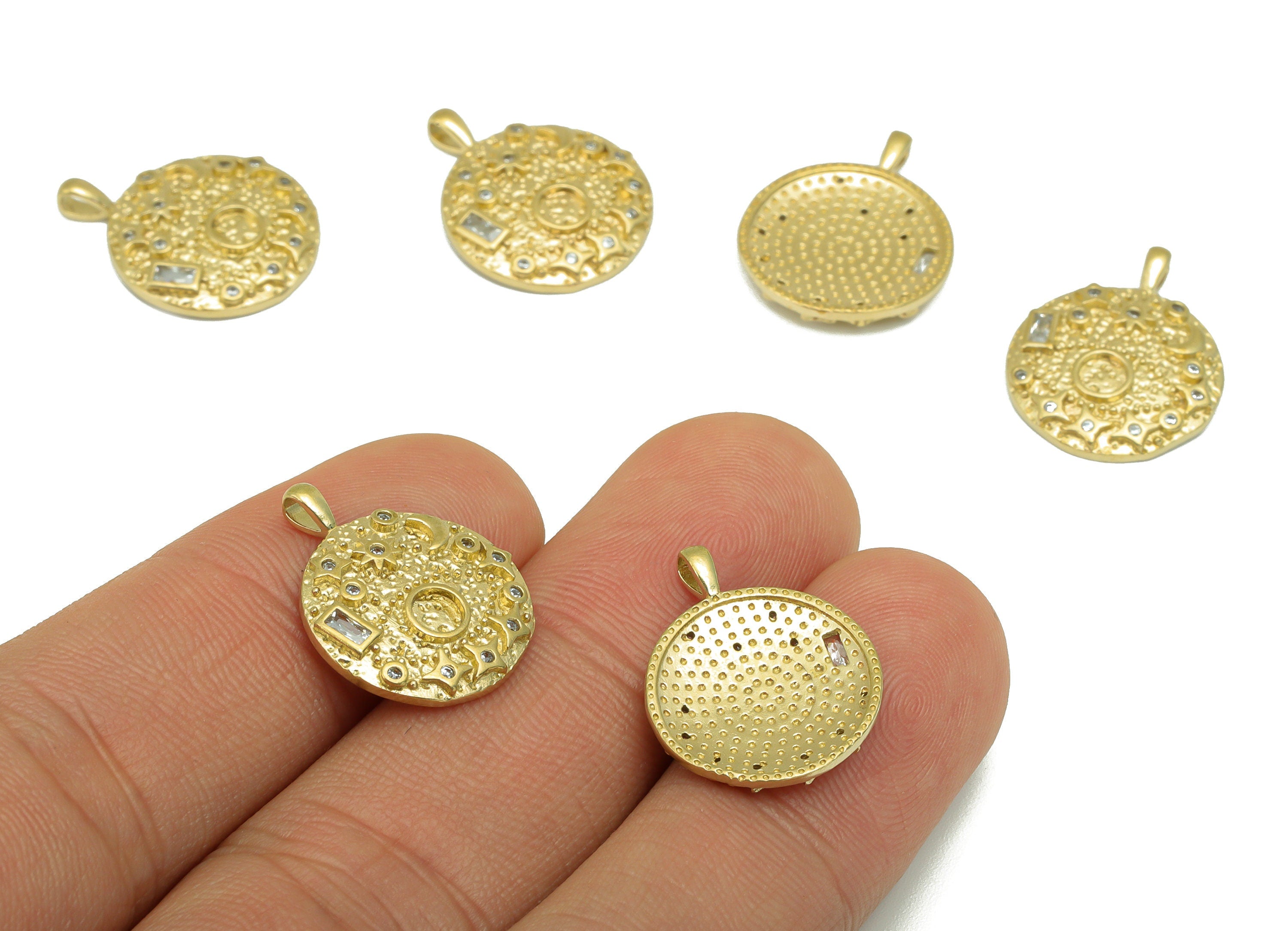 Brass Round Earring Charms – Raw Brass  -Zircon Moon and Star Pendant  -  Jewelry Supplies - - DOMEDBAZAAR