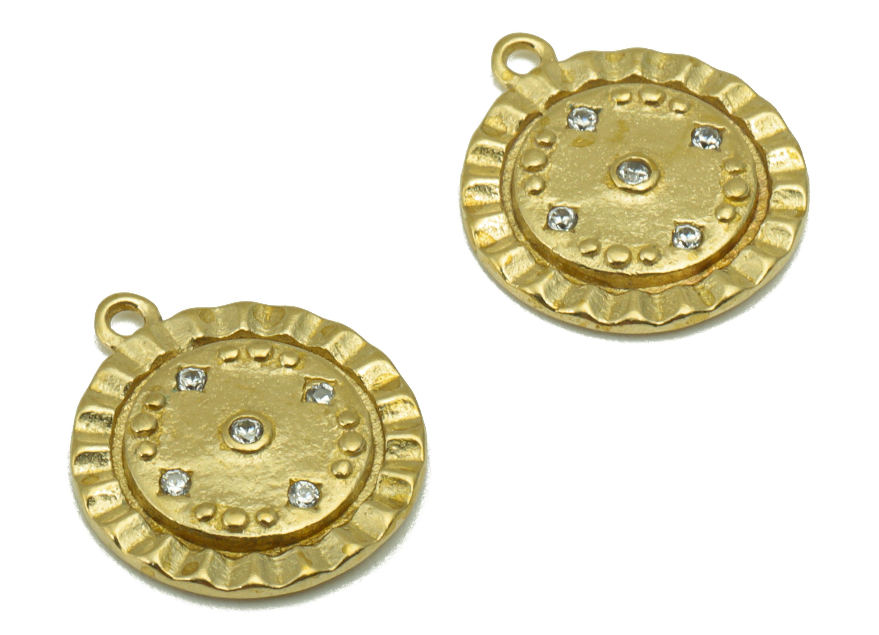 Brass Round Textured Charms  -Raw Brass   - Cubic Zircon - Earring Pendant - Jewelry Supplies -19x 15 x 2.12mm-PP8456 - DOMEDBAZAAR
