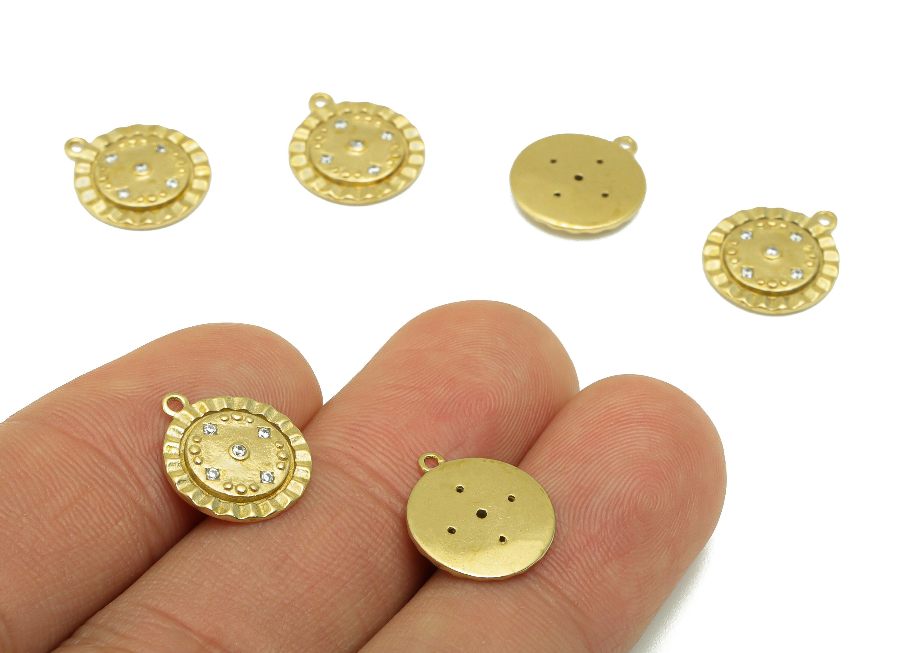 Brass Round Textured Charms  -Raw Brass   - Cubic Zircon - Earring Pendant - Jewelry Supplies -19x 15 x 2.12mm-PP8456 - DOMEDBAZAAR