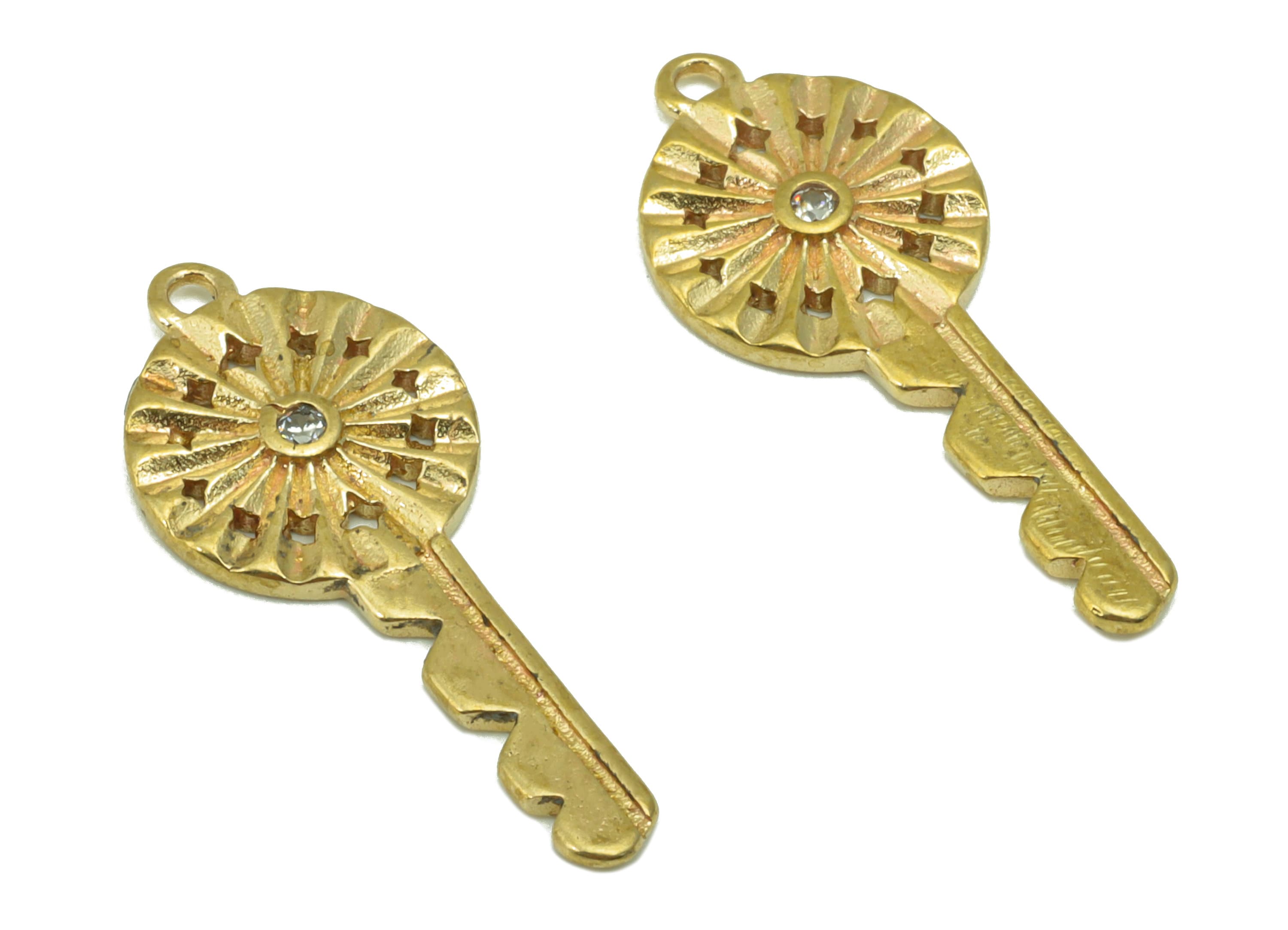 Brass Key Earring Charms- Raw Brass -Zircons Key Earrings Pendant  - Jewelry Supplies - 23x 9.9 x 1.6mm - PP8459 - DOMEDBAZAAR