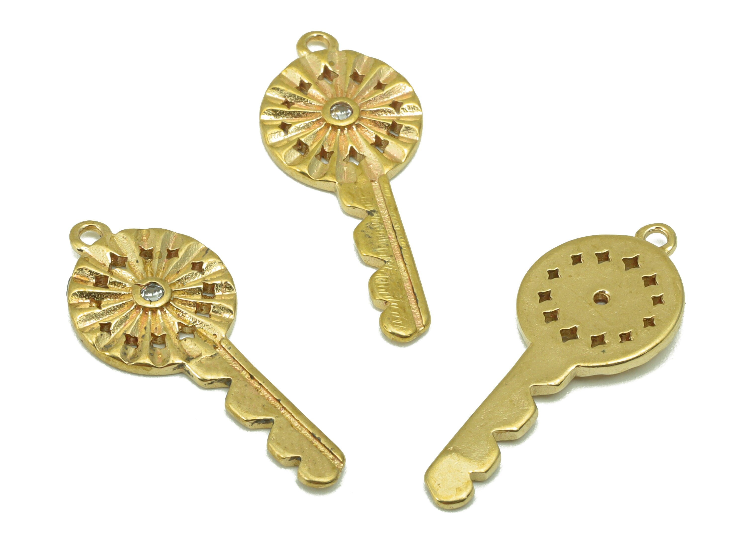 Brass Key Earring Charms- Raw Brass -Zircons Key Earrings Pendant  - Jewelry Supplies - 23x 9.9 x 1.6mm - PP8459 - DOMEDBAZAAR