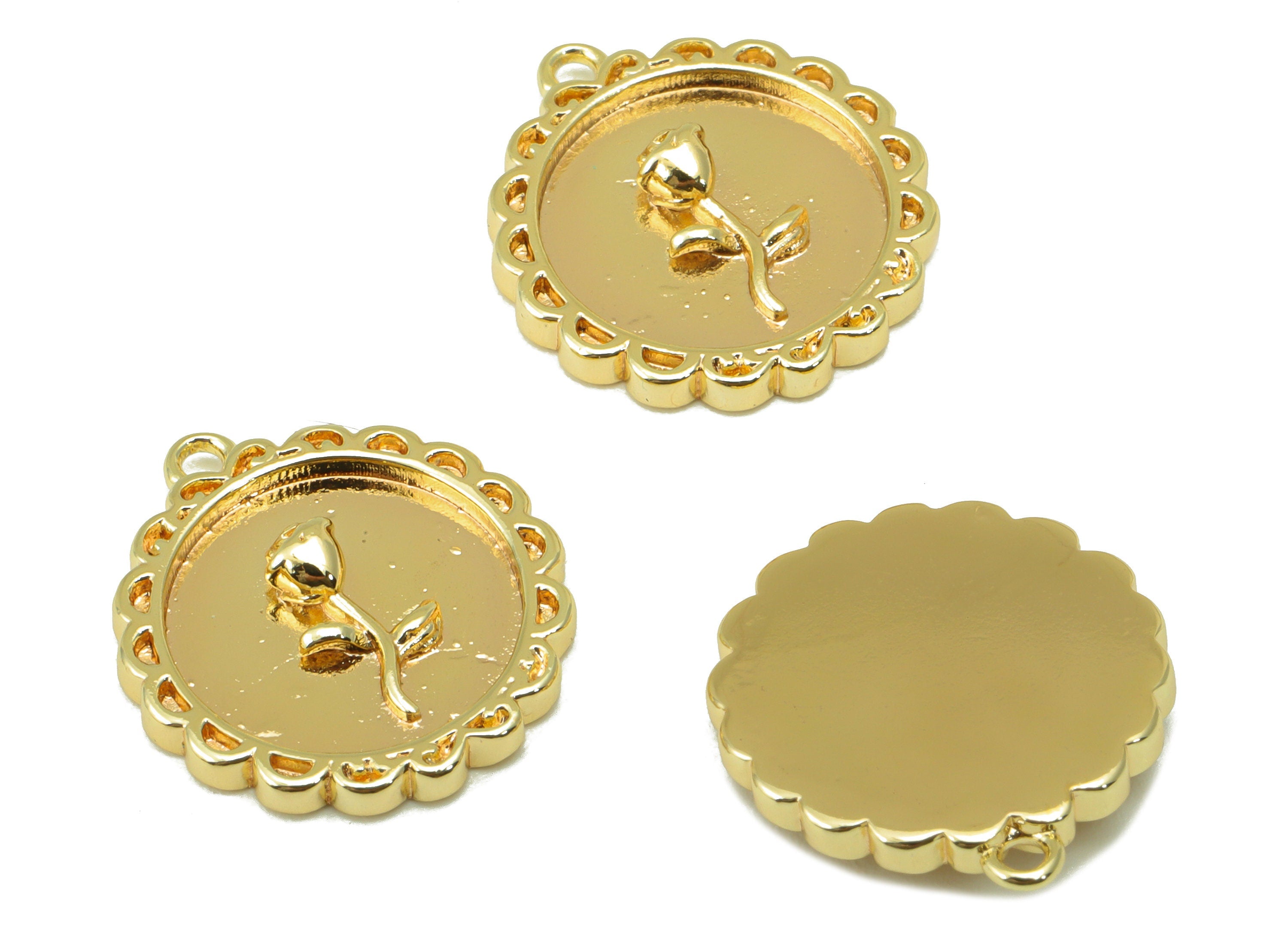 Brass Rose Earring Charm - Brass Lace Round Pendant - Flower Circle Earrings - 18k Gold Plated Brass-Jewelry Making-17.5x15.9x1.97mm-RGP6214 - DOMEDBAZAAR