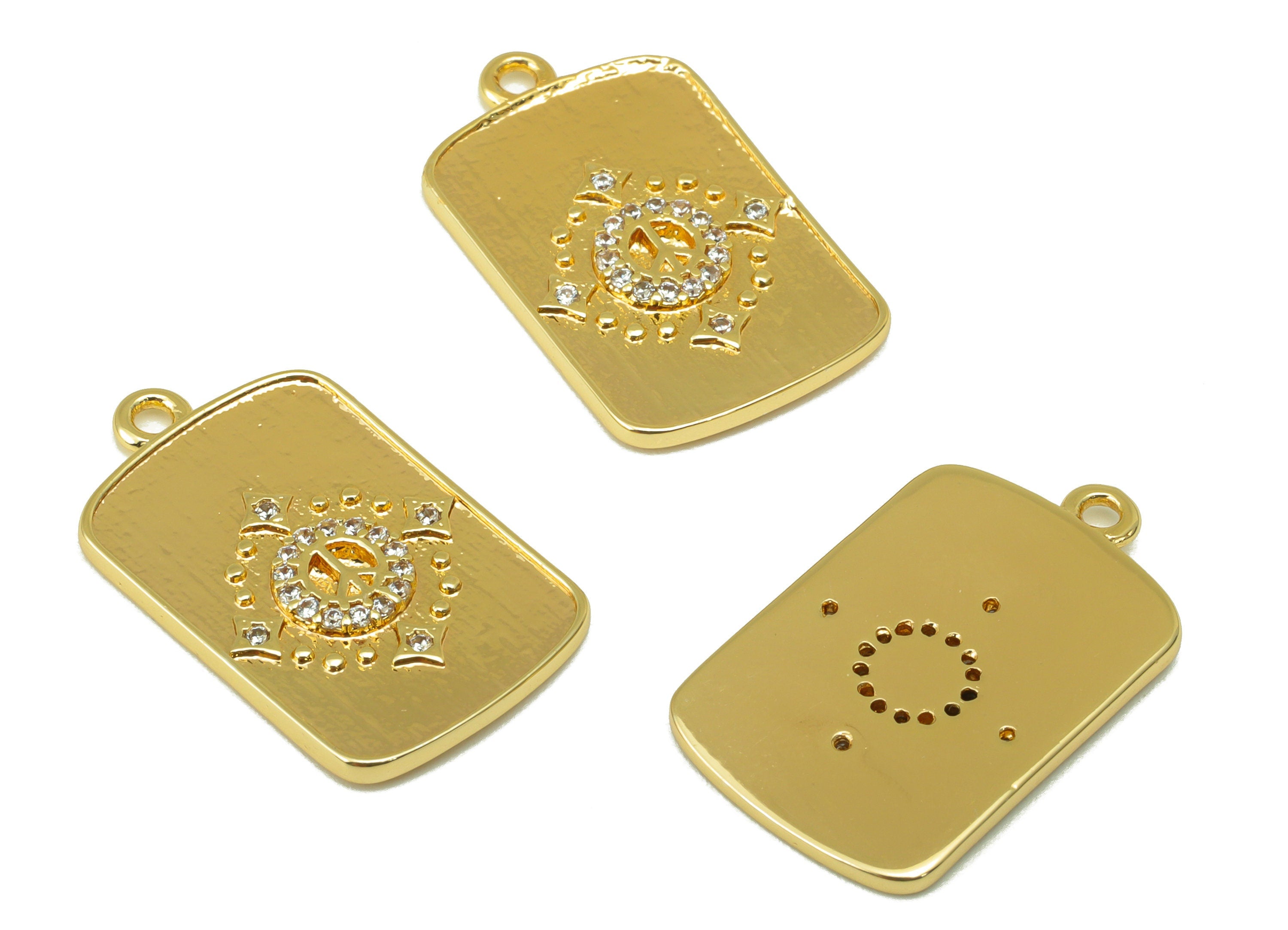 Brass Rectangle Earring Charm - Brass CZ Textured Star Pendant - Cubic Zirconia Charm - For Necklace - 18k Gold Plated - 23x14x2mm- RGP6226 - DOMEDBAZAAR