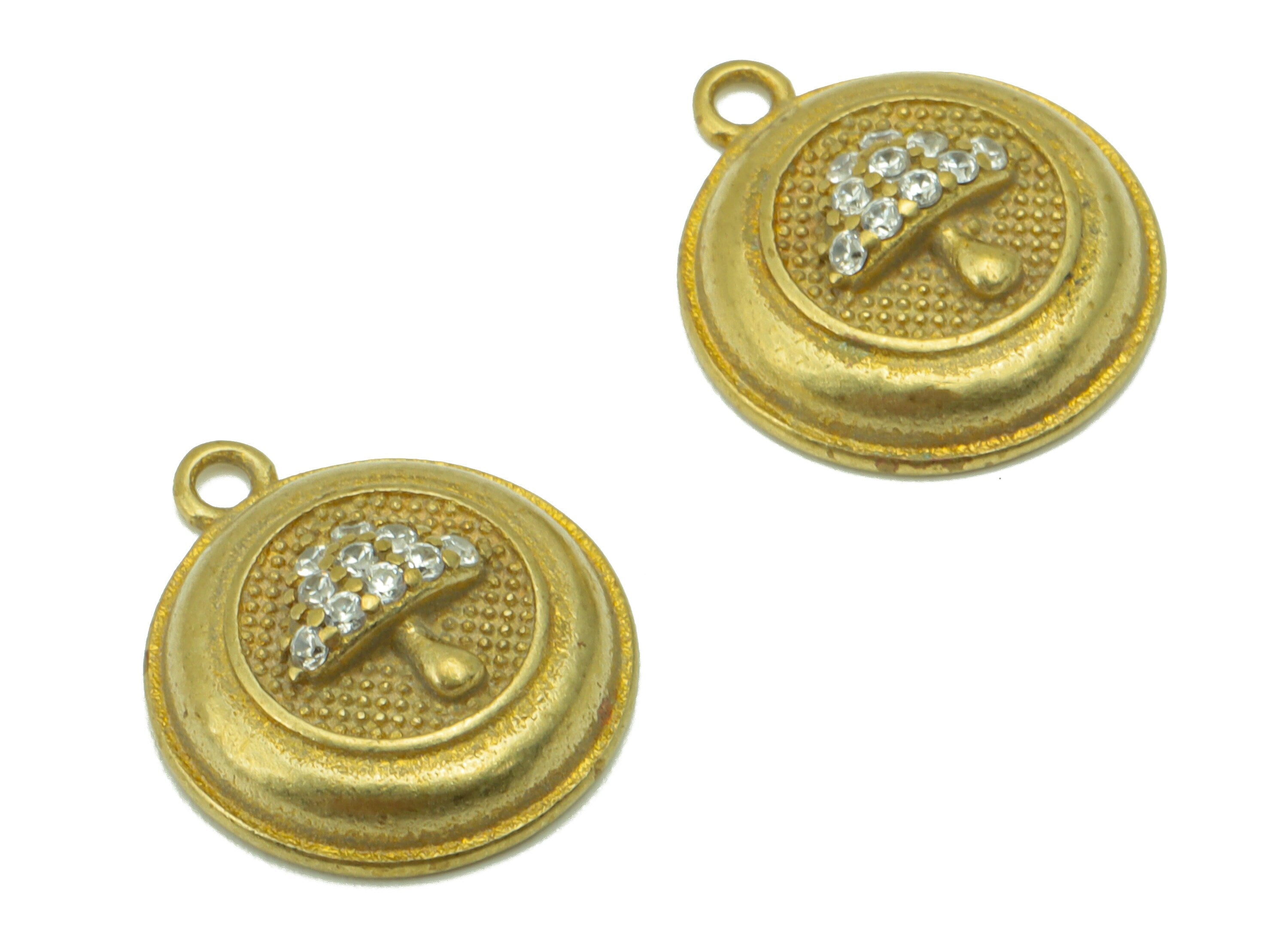 Brass Round Earring Charms – Raw Brass  - Mushroom Cubic Zirconr Charms- Earring Pendant  -  Jewelry Supplies -15 x 13 x 2.25mm -PP8496 - DOMEDBAZAAR