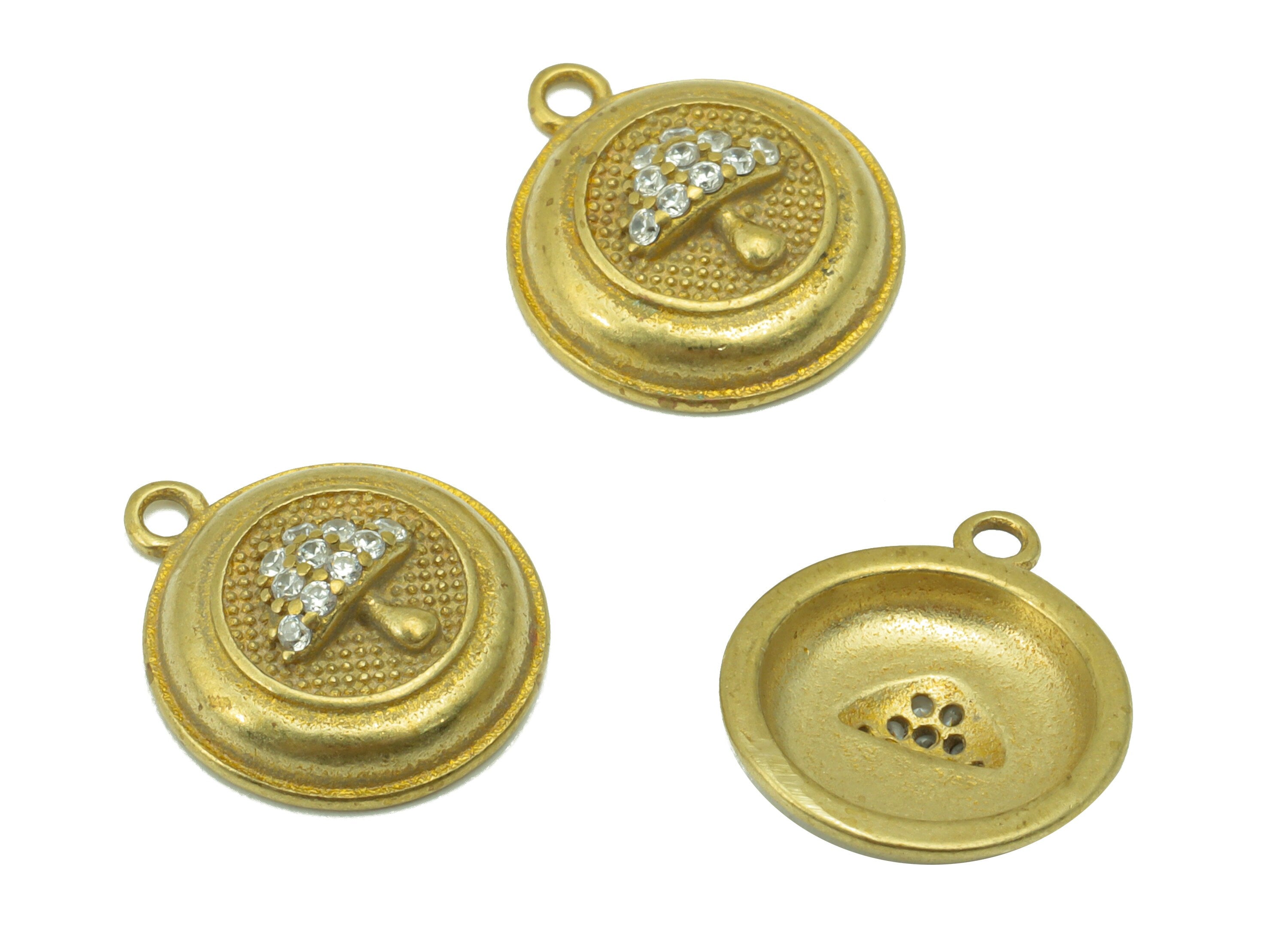 Brass Round Earring Charms – Raw Brass  - Mushroom Cubic Zirconr Charms- Earring Pendant  -  Jewelry Supplies -15 x 13 x 2.25mm -PP8496 - DOMEDBAZAAR