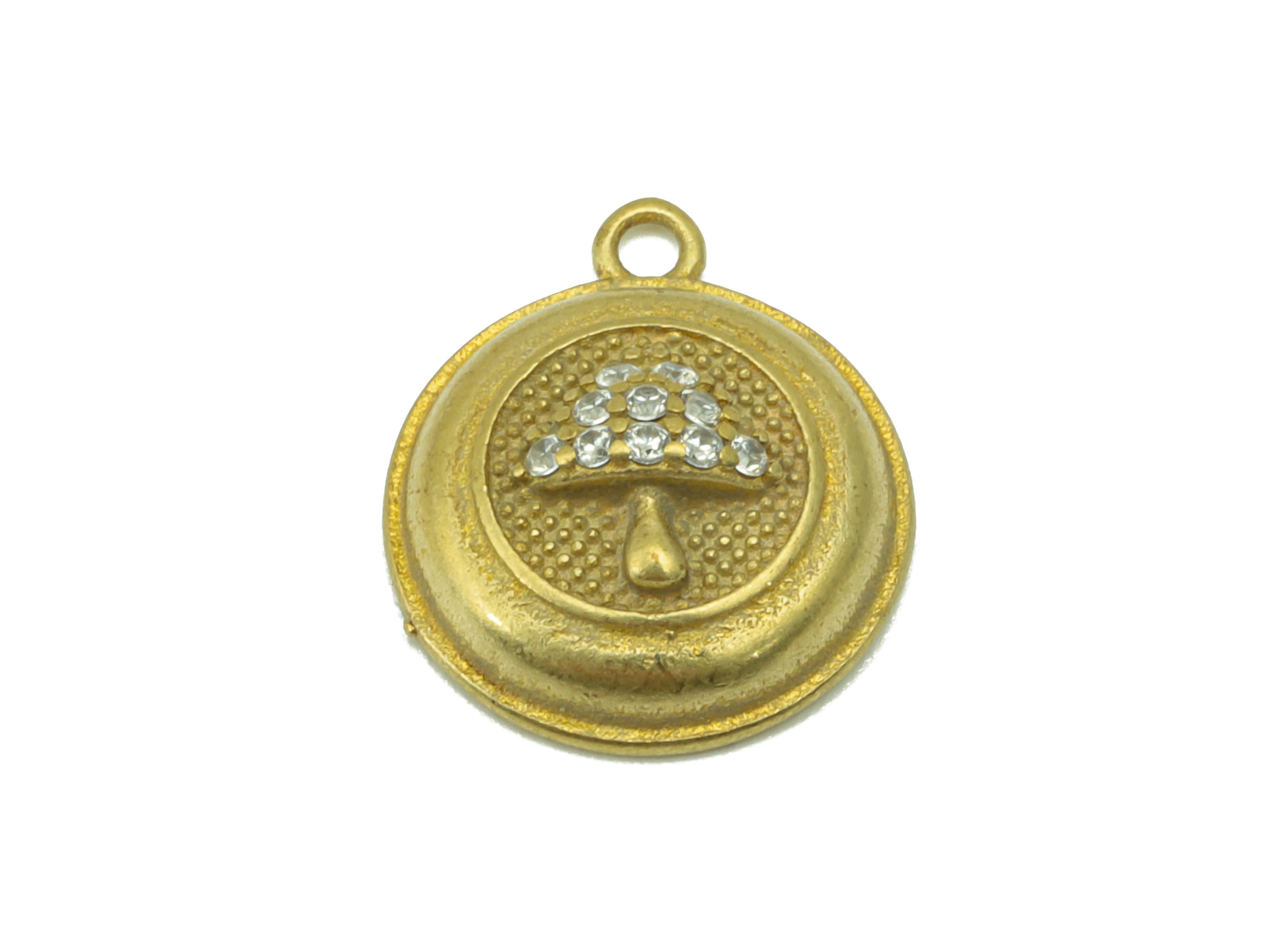 Brass Round Earring Charms – Raw Brass  - Mushroom Cubic Zirconr Charms- Earring Pendant  -  Jewelry Supplies -15 x 13 x 2.25mm -PP8496 - DOMEDBAZAAR