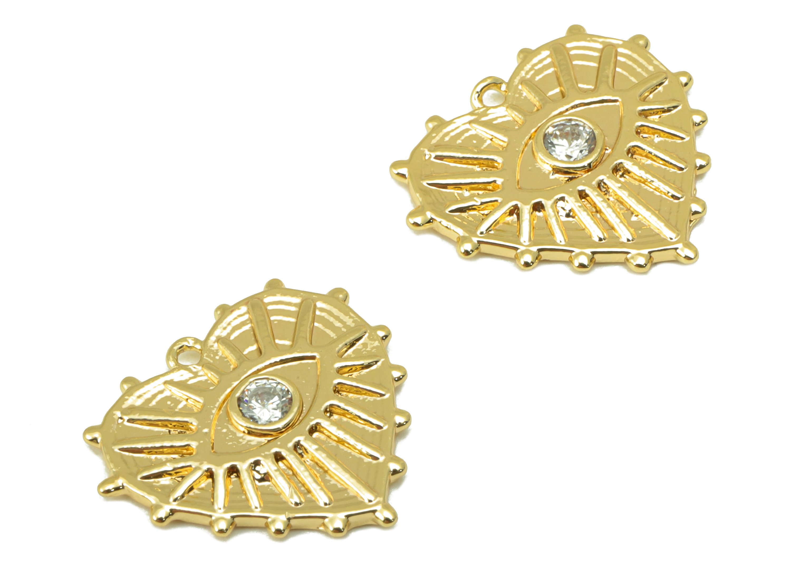 Brass Heart Charm - Brass Textured Eye Charm- Cubic Zirconia Earring Charm - For Necklace - 18K Real Gold Plated - 13.85x14.78x2mm- RGP6237 - DOMEDBAZAAR