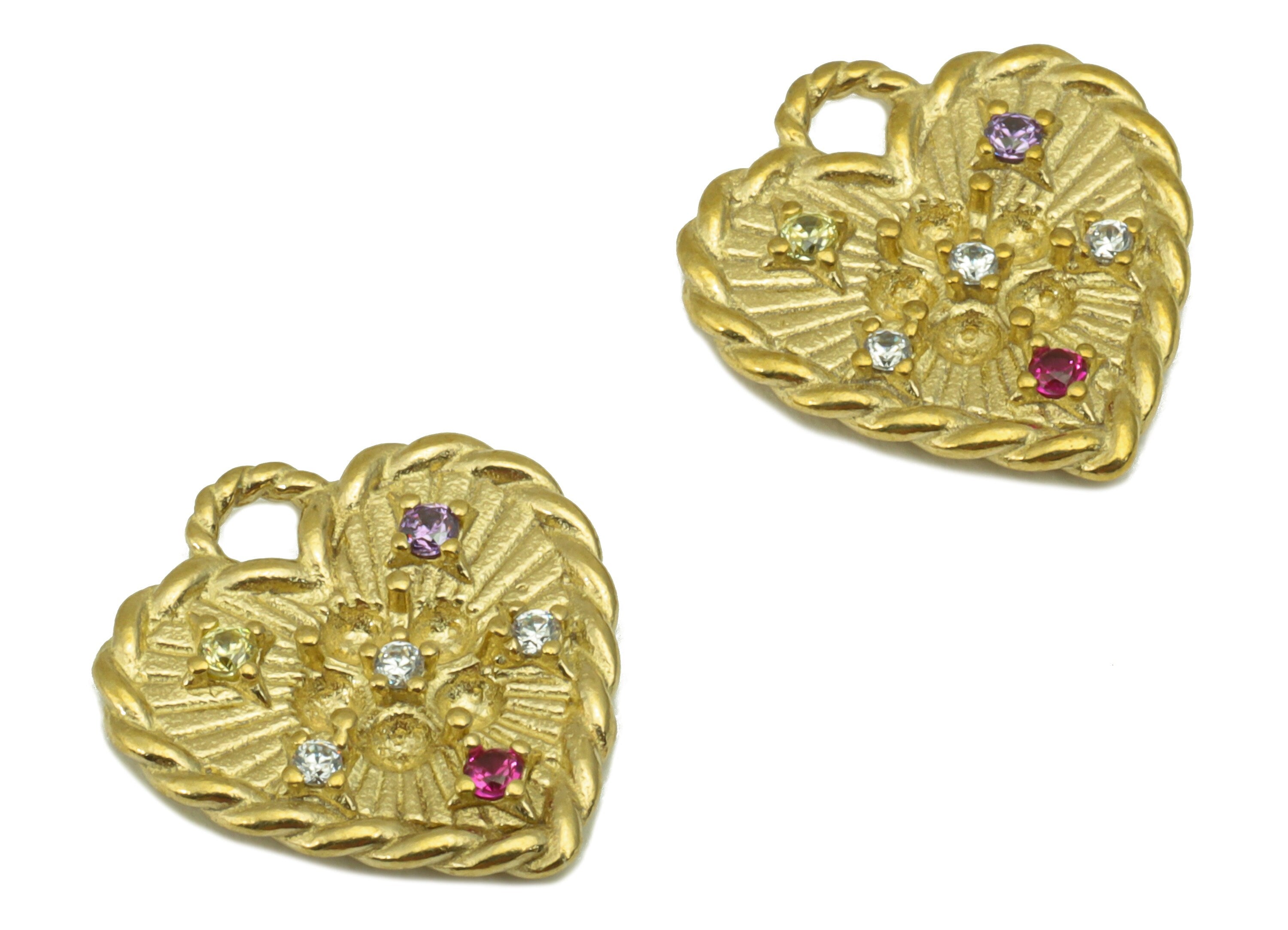 Brass Heart Charm - Raw Brass- Cubic Zirconia Charm - Chain Flower Earring Pendant - For Necklace - 14 x 13x 2.1mm-PP8448 - DOMEDBAZAAR