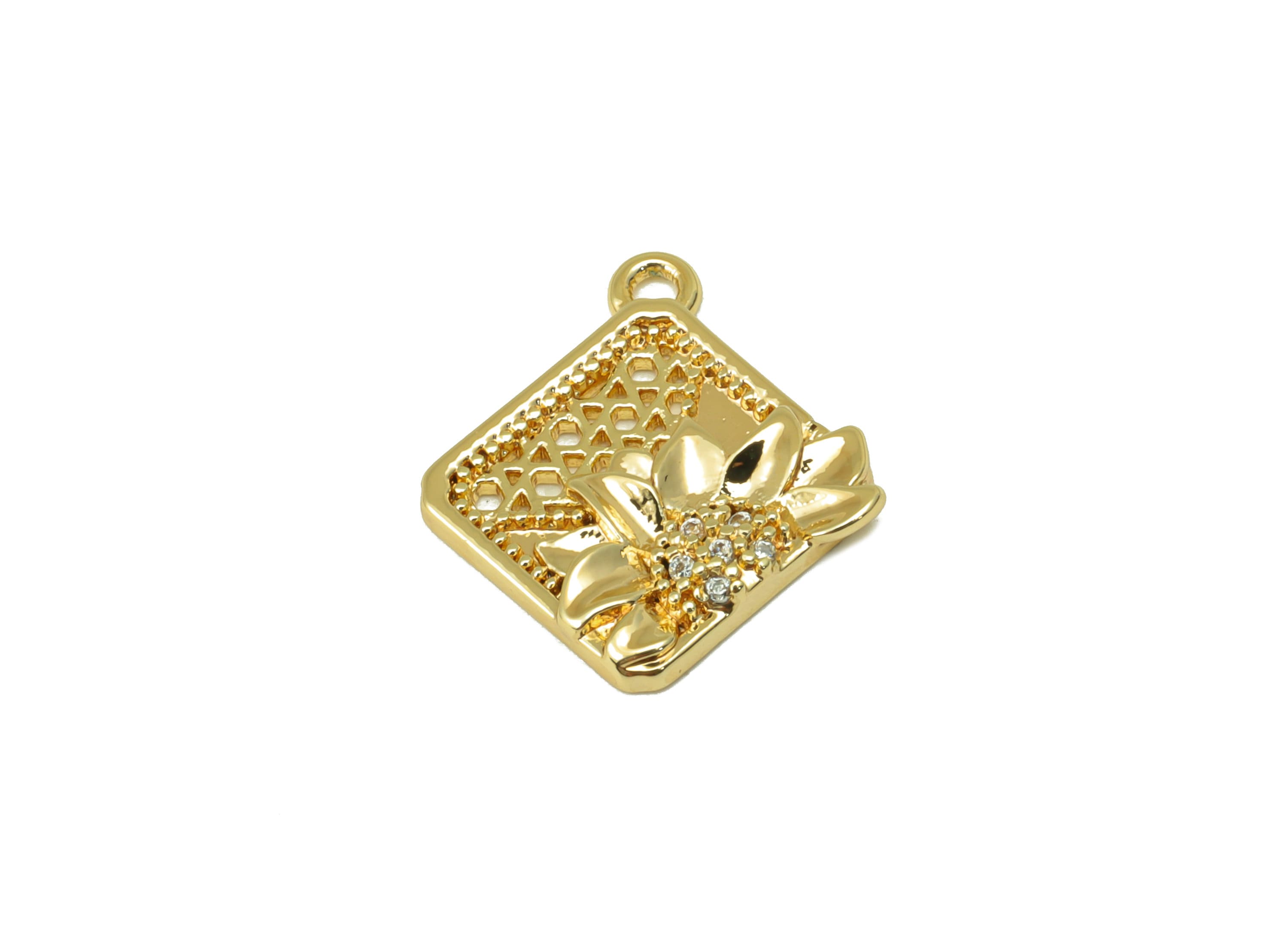 Brass Square Earring Charm - Brass Hollow Flower Charm - Cubic Zirconia Daisy- For Necklace- 18K Real Gold Plated - 17.85x16.29x2mm- RGP6267 - DOMEDBAZAAR