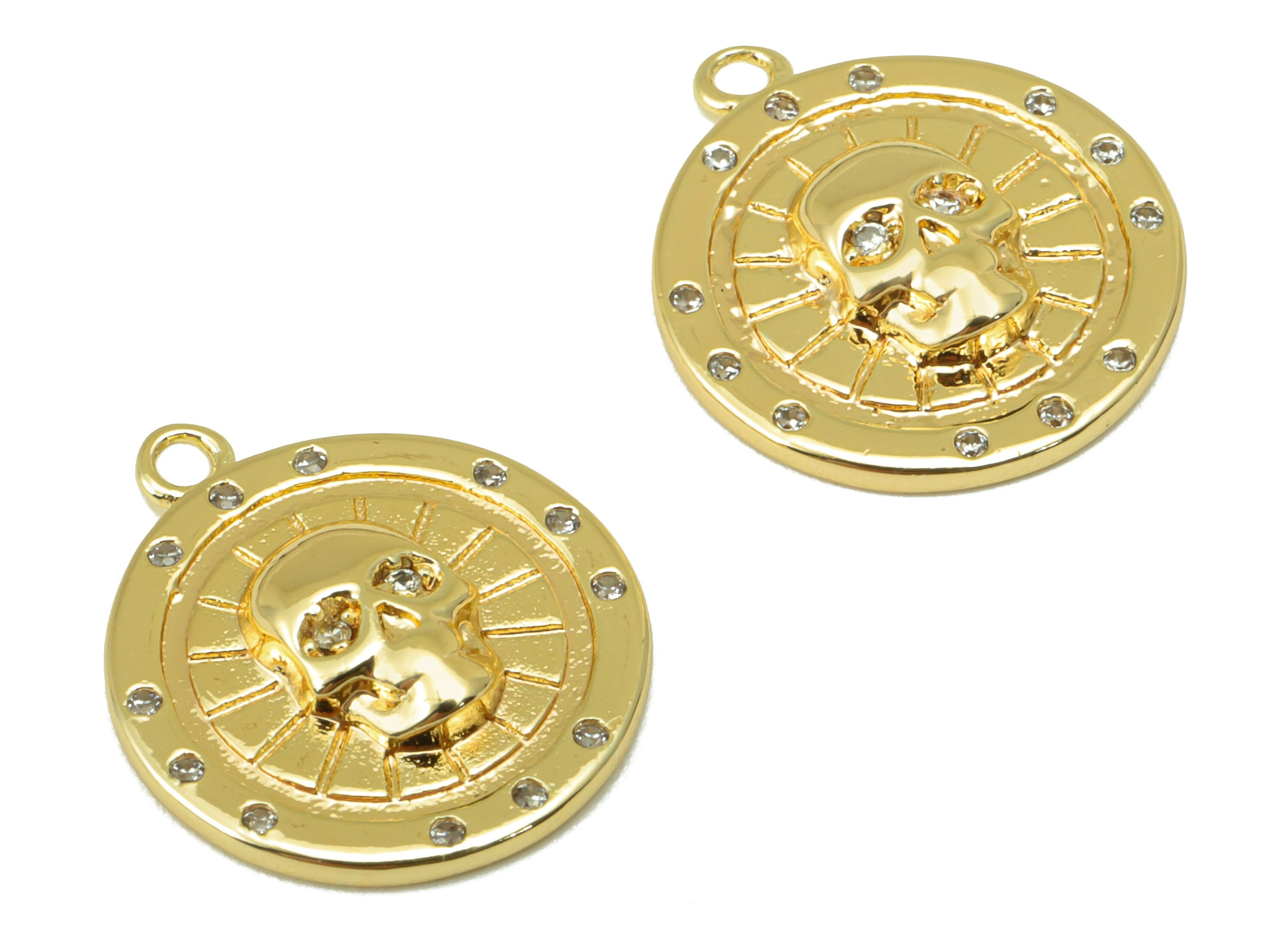 Brass Round Charm - Brass Skull Earring Charm -Cubic Zirconia Earring Charm - For Necklace- 18K Real Gold Plated -16x14x 2.93mm- RGP6283 - DOMEDBAZAAR