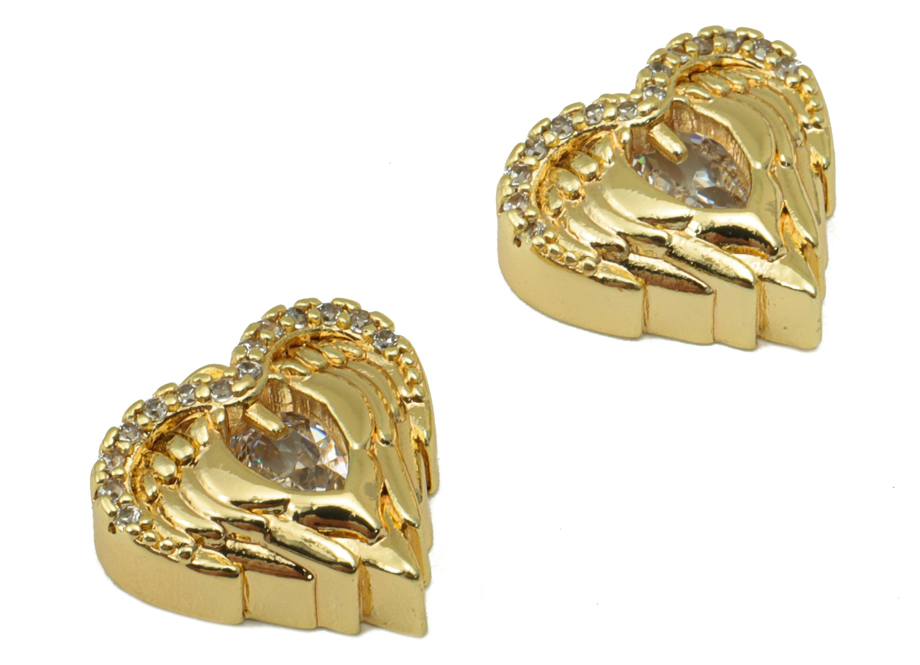 Brass Heart Charm - Brass Marquies Wing Charm -Cubic Zirconia Heart Earring Charm - For Necklace- 18K Real Gold Plated -12x13x1.6mm- RGP6284 - DOMEDBAZAAR