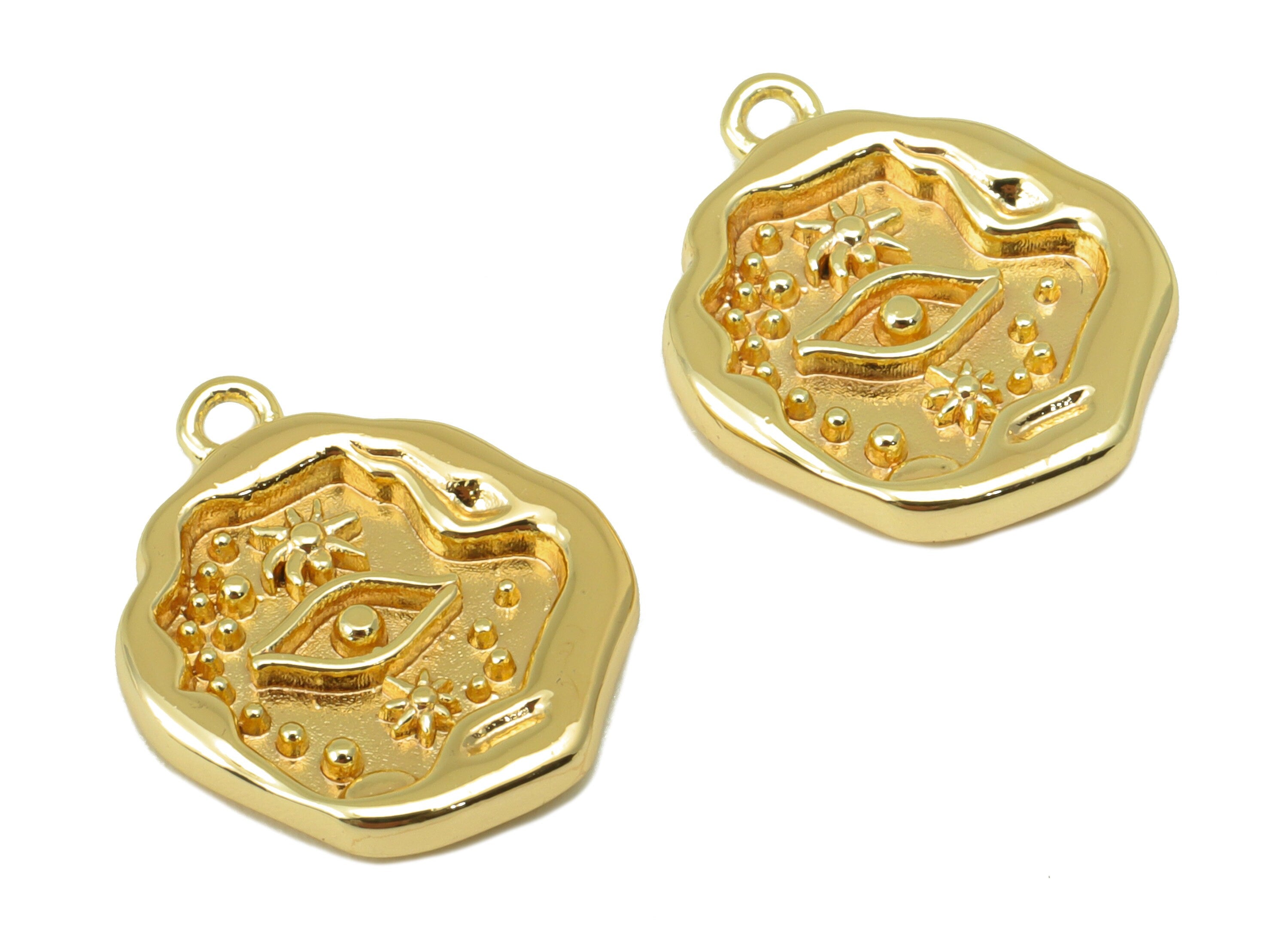 Brass Eye Charm - Brass Textured Earring Charm -Flower Dot Earring Charm - For Necklace- 18K Real Gold Plated -16.99x 14.1x 2.28mm -RGP6287 - DOMEDBAZAAR