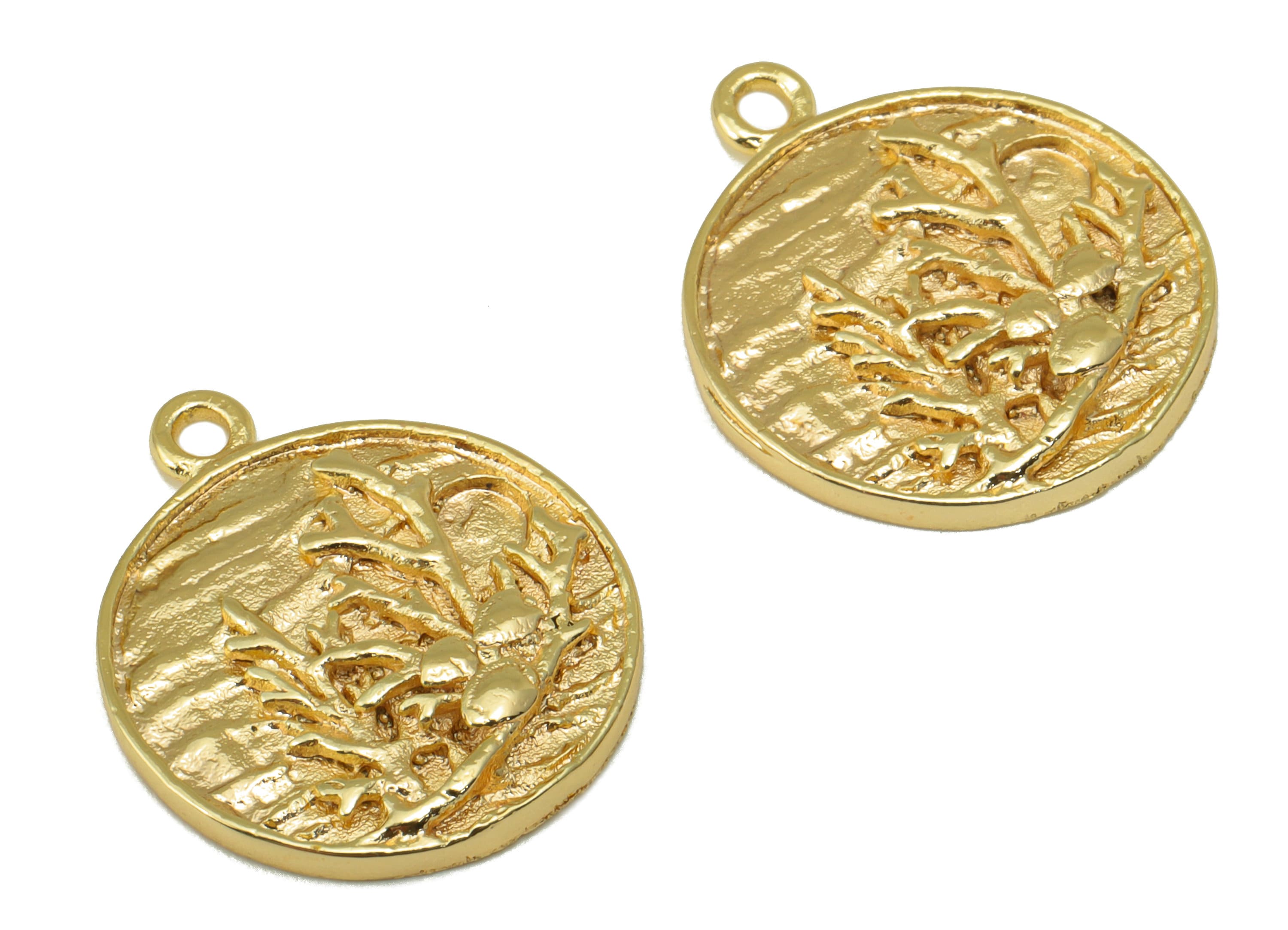 Brass Textured Earring Charm - Round Branch Charm - Water Plant Charm - For Necklace - 18K Real Gold Plated -20.86x 17.55 x 2.11mm-RGP6290 - DOMEDBAZAAR