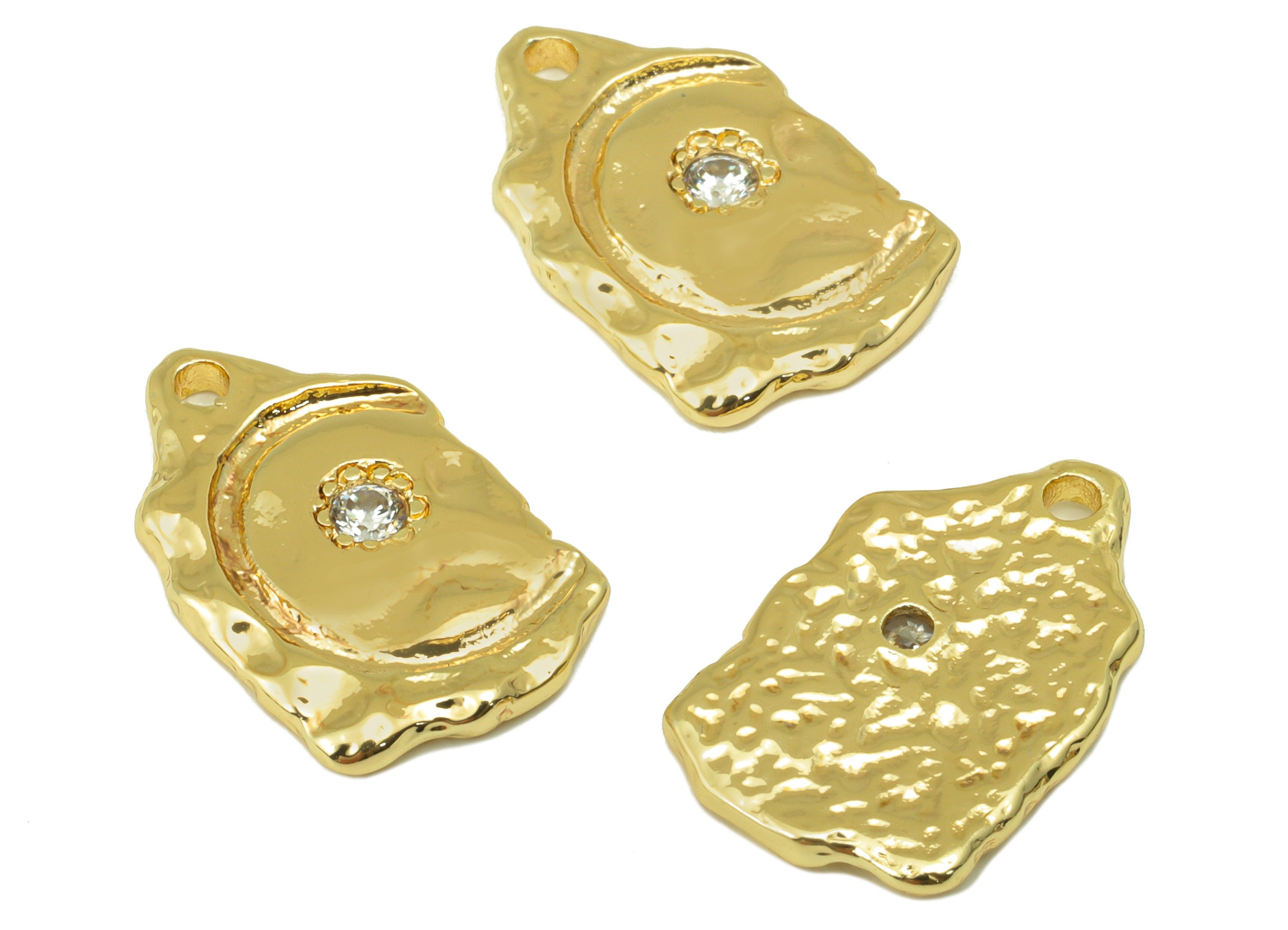 Brass Textured Earring Charm - Hammered Earring Charm - Cubic Zirconia Charm - For Necklace - 18K Real Gold Plated- 17x10.36x1.55mm-RGP6292 - DOMEDBAZAAR
