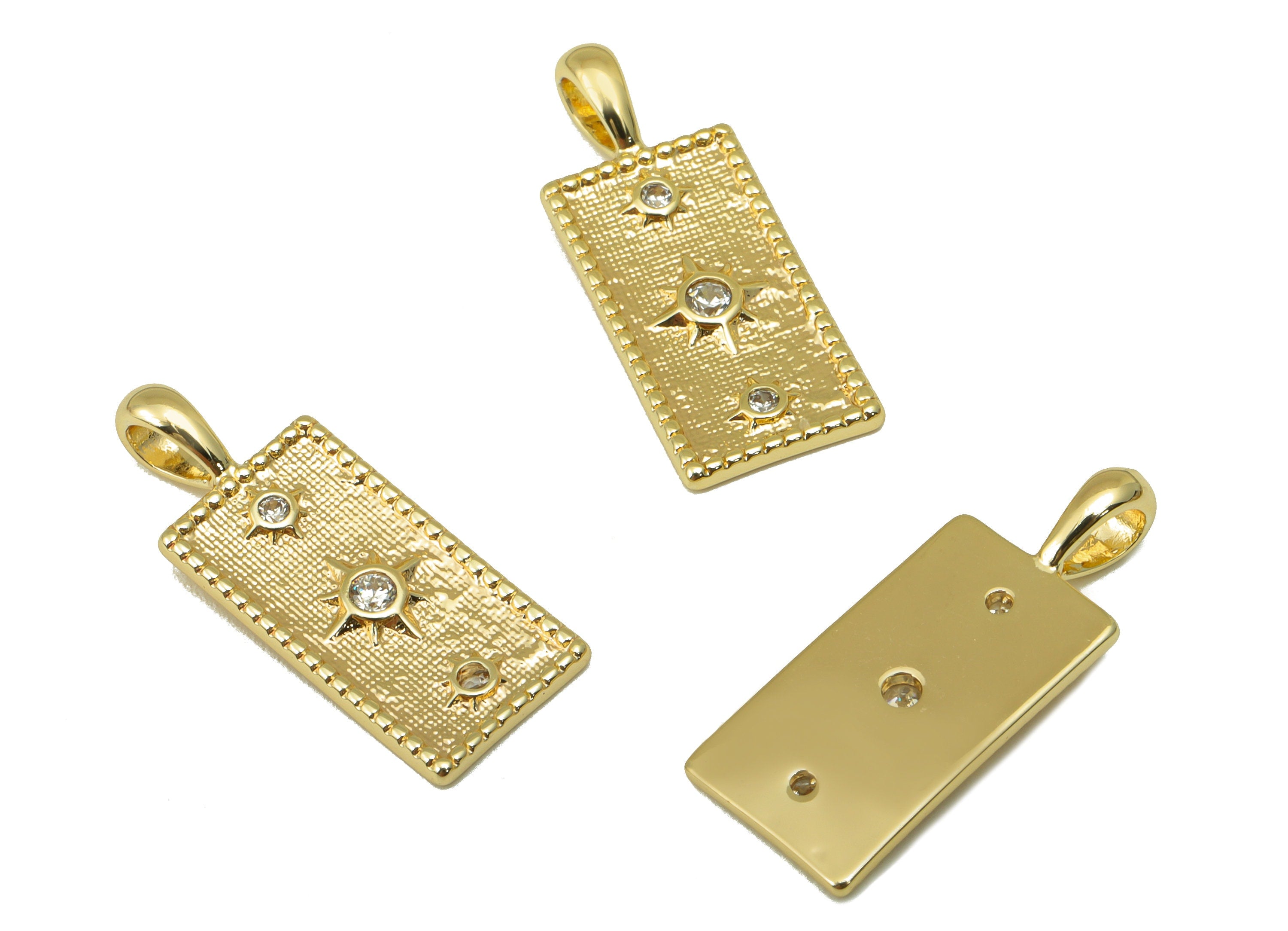 Brass Rectangle Earring Charm - Textured North Star Charm - Cubic Zirconia Charm - For Necklace - 18K Real Gold Plated- 24x9x1mm-RGP6293 - DOMEDBAZAAR