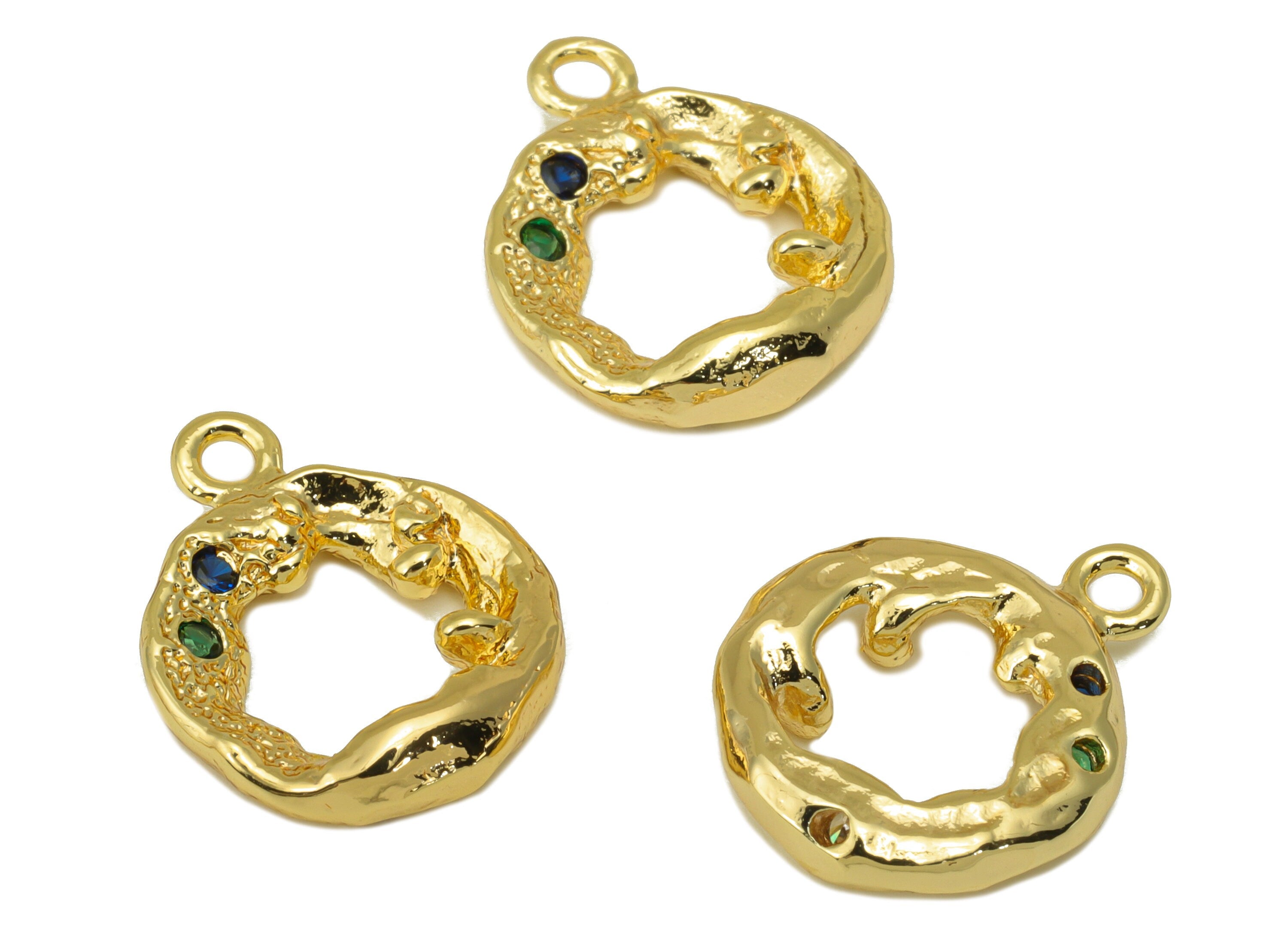 Brass Round Earring Bead - Brass Textured CZ Charms - Cubic Zirconia Pendant - for Necklace - 18K Real Gold Plated - 18x 14x 2.73mm-RGP6299 - DOMEDBAZAAR