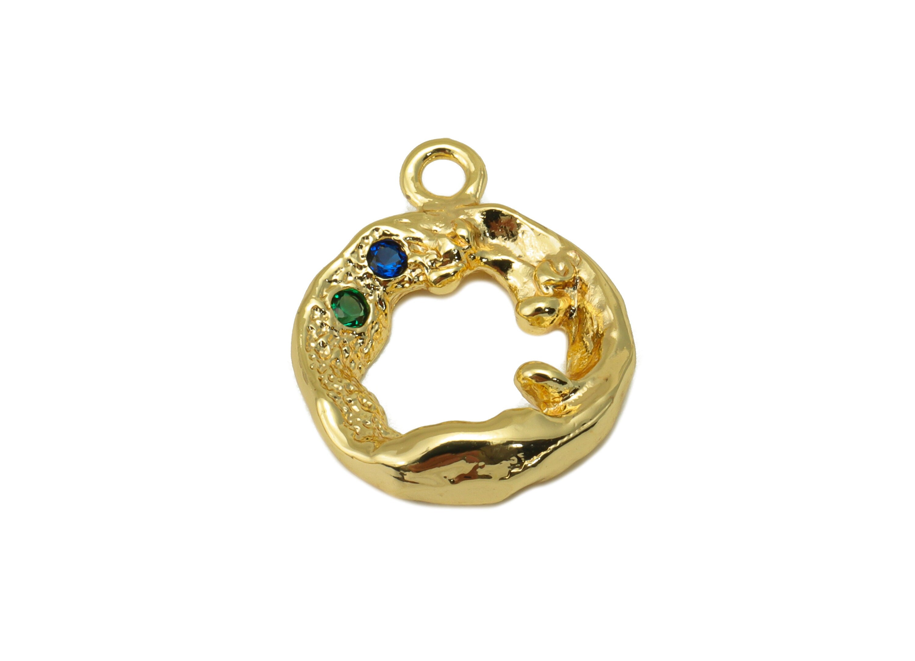 Brass Round Earring Bead - Brass Textured CZ Charms - Cubic Zirconia Pendant - for Necklace - 18K Real Gold Plated - 18x 14x 2.73mm-RGP6299 - DOMEDBAZAAR