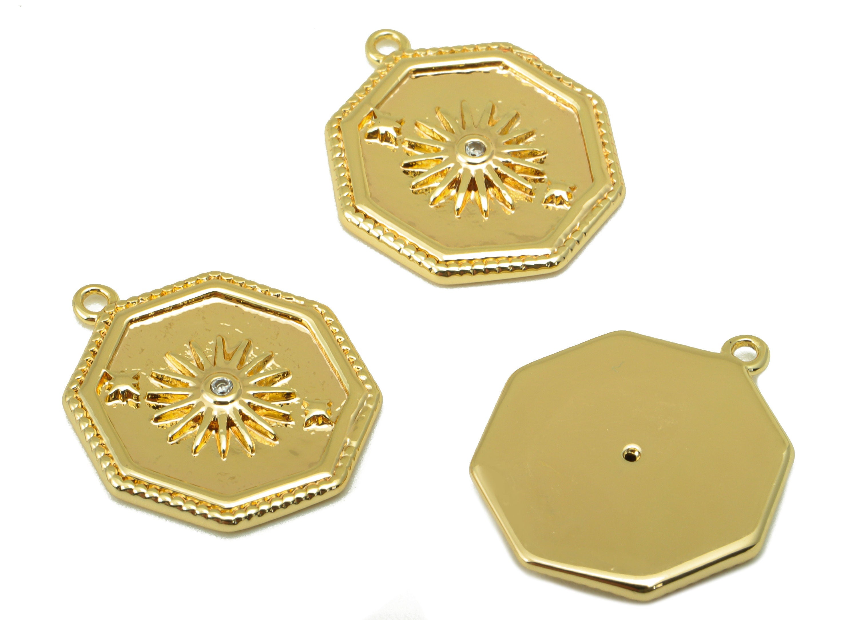 Brass Octagon Earring - Brass Textured Sun CZ Charms - Cubic Zirconia Pendant - for Necklace - 18K Real Gold Plated - 21.39x18x1.7mm-RGP6304 - DOMEDBAZAAR