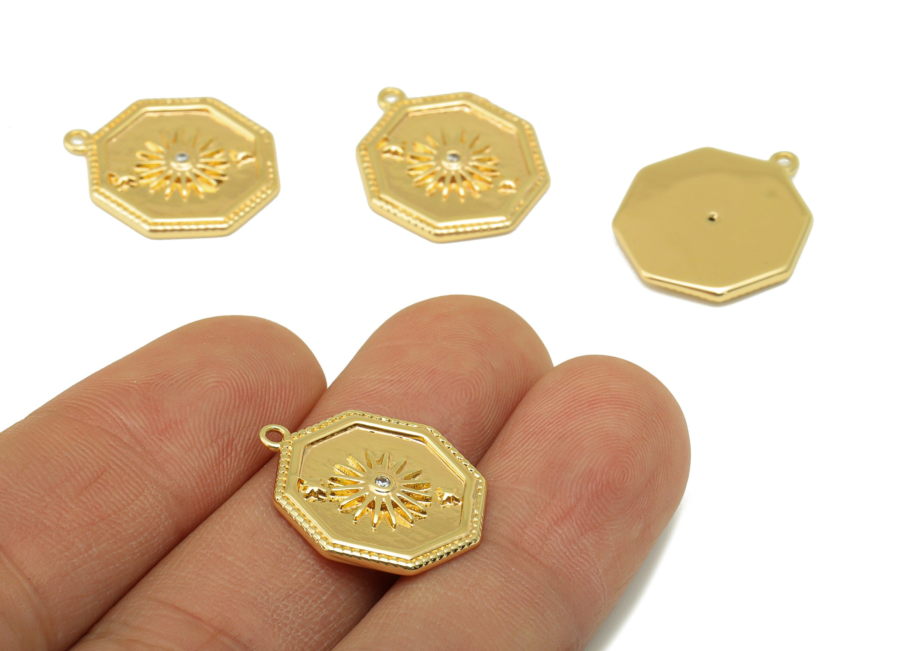 Brass Octagon Earring - Brass Textured Sun CZ Charms - Cubic Zirconia Pendant - for Necklace - 18K Real Gold Plated - 21.39x18x1.7mm-RGP6304 - DOMEDBAZAAR