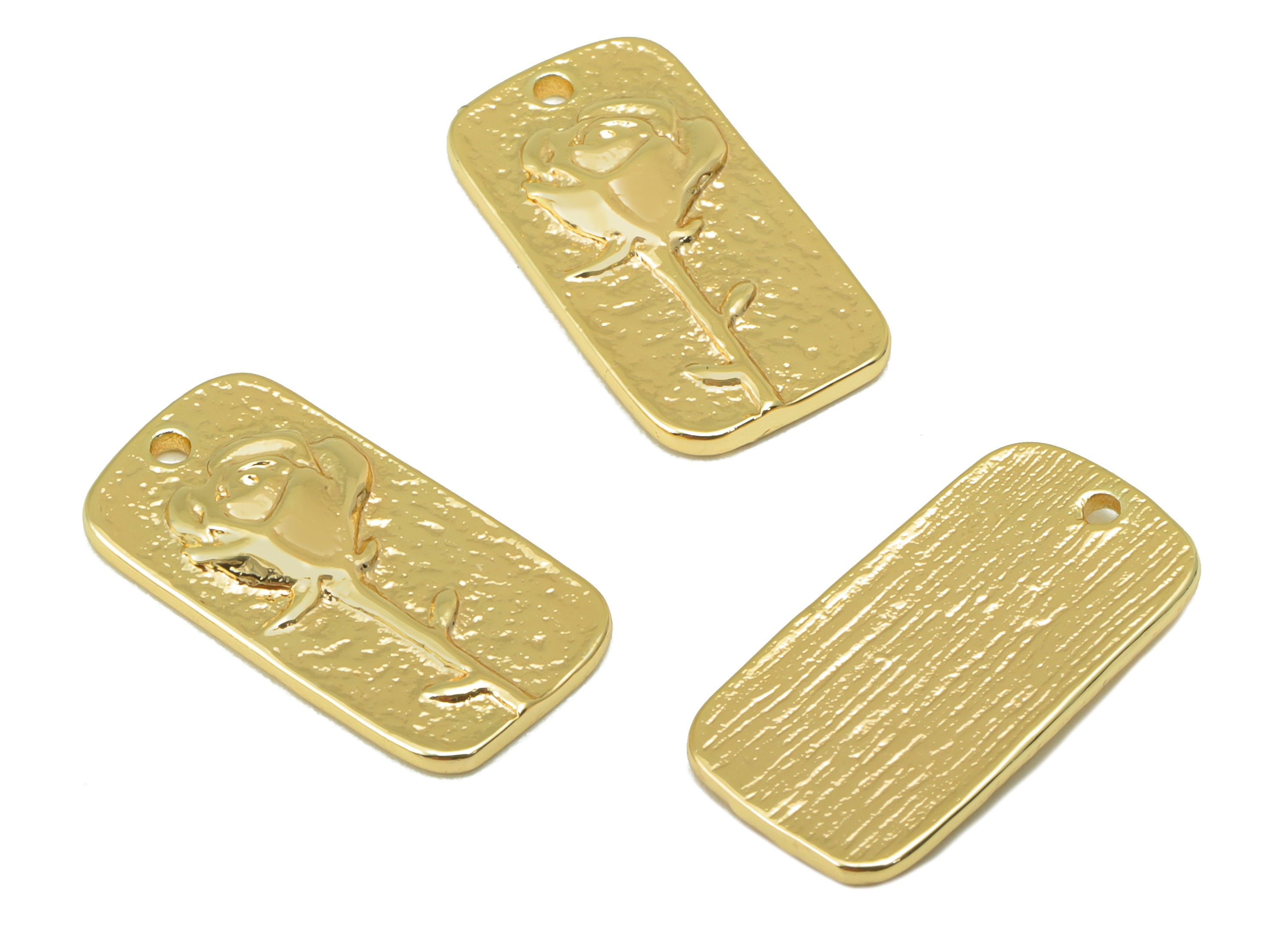 Brass Rose Earring - Brass Textured Rectangle Charms - Hammered Flower Pendant - for Necklace - 18K Real Gold Plated - 17.7x9x1.92mm-RGP6306 - DOMEDBAZAAR