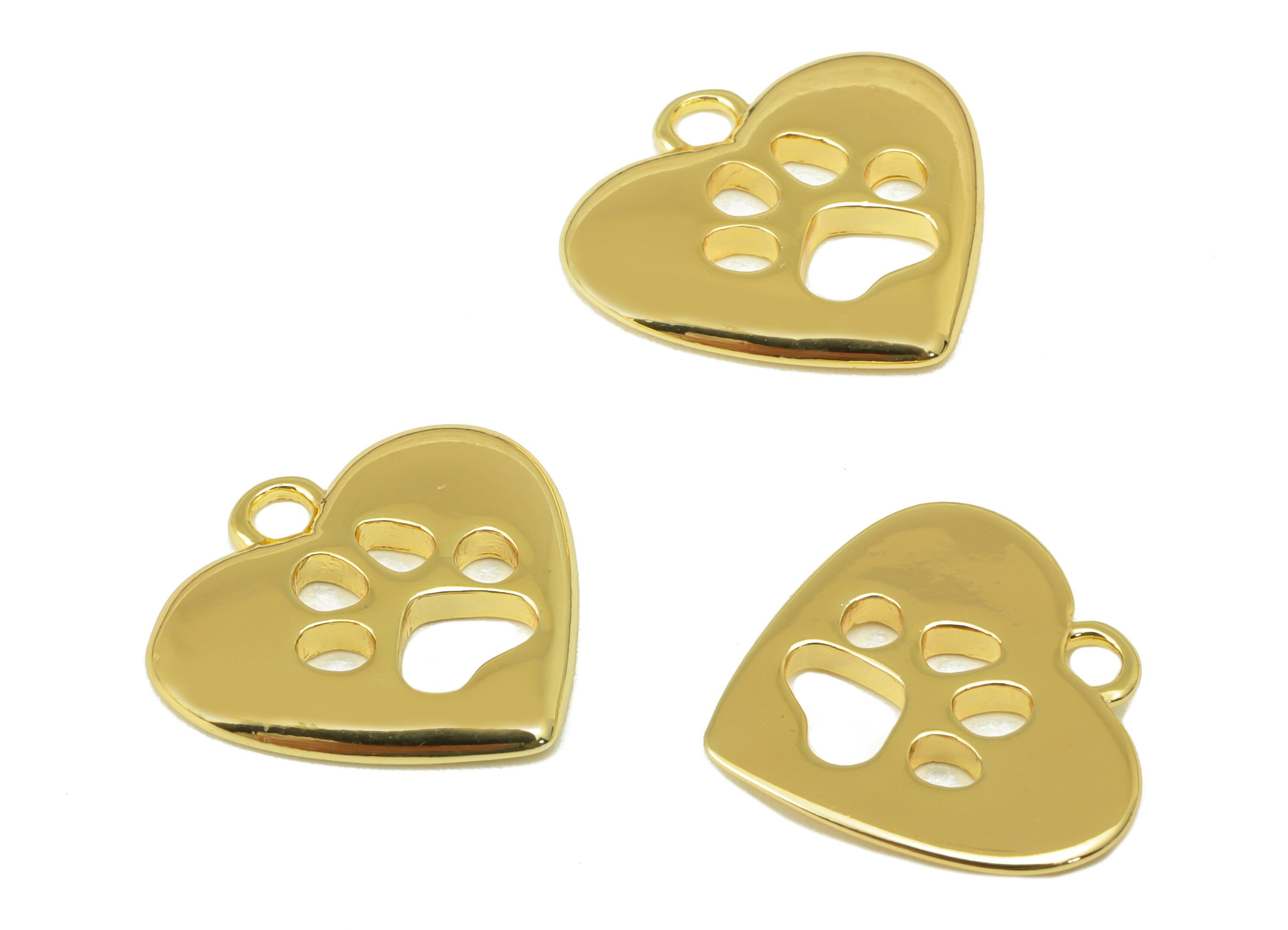 Brass Heart Earring Charm - Brass Cat Paw Earring Charms - Heart Hole Pendant - for Necklace - 18K Real Gold Plated - 15x16x 1.75mm-RGP6307 - DOMEDBAZAAR