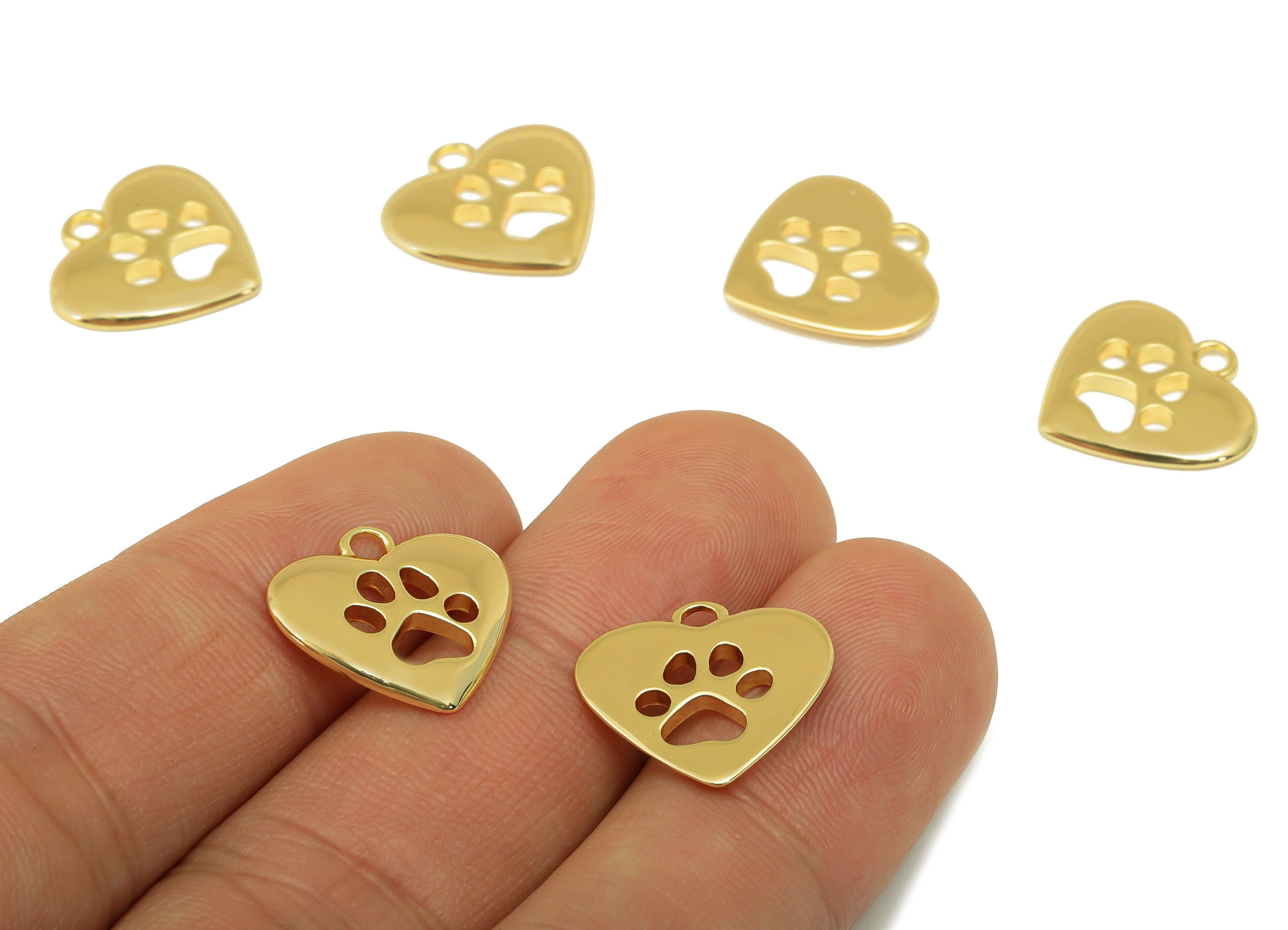 Brass Heart Earring Charm - Brass Cat Paw Earring Charms - Heart Hole Pendant - for Necklace - 18K Real Gold Plated - 15x16x 1.75mm-RGP6307 - DOMEDBAZAAR