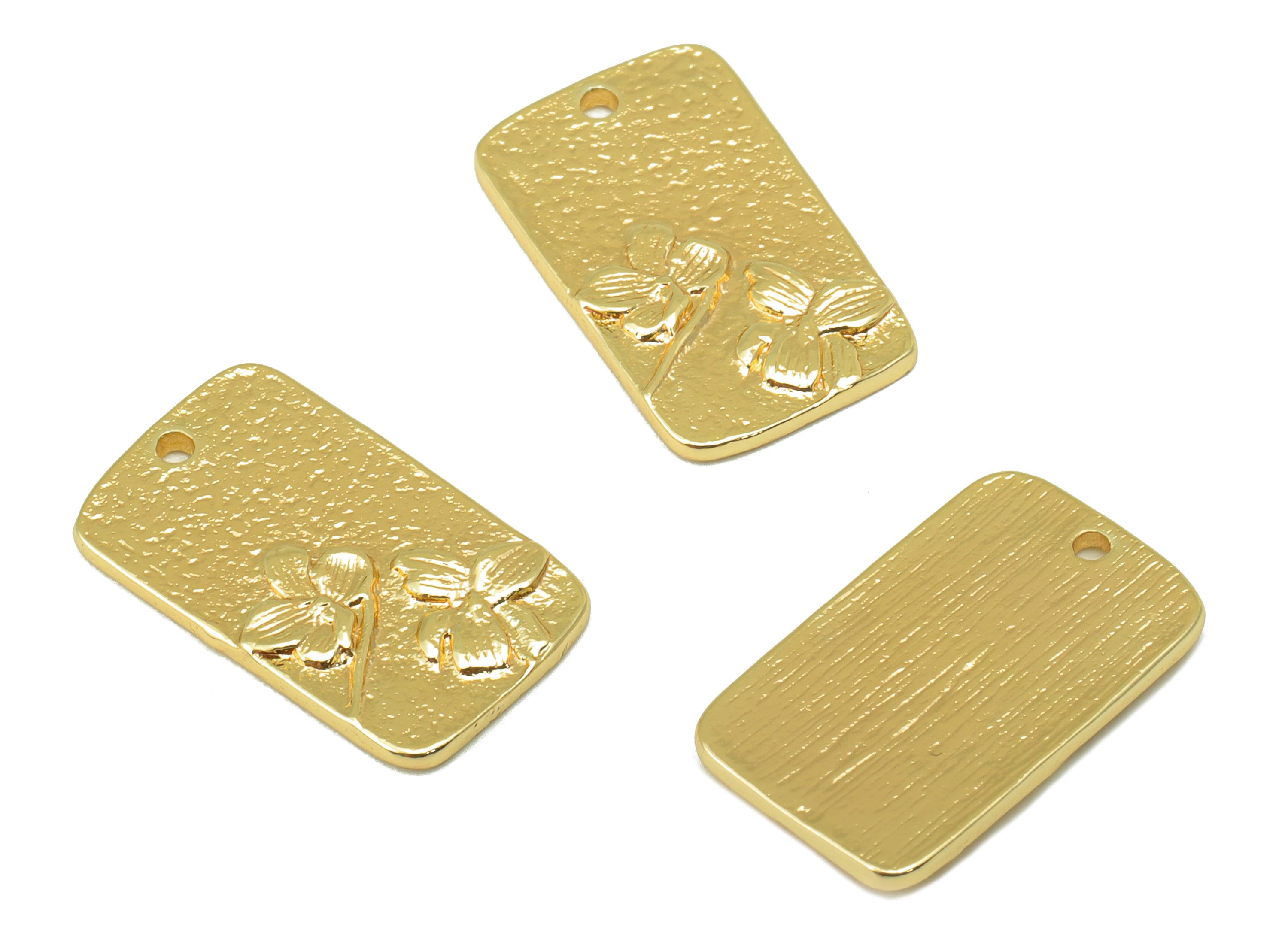 Brass Flower Charm - Brass Orchid Earring Charm - Oval Rectangle Hammered Charm - For Necklace - 18K Real Gold Plated - 19x11x1.5mm-RGP6318 - DOMEDBAZAAR