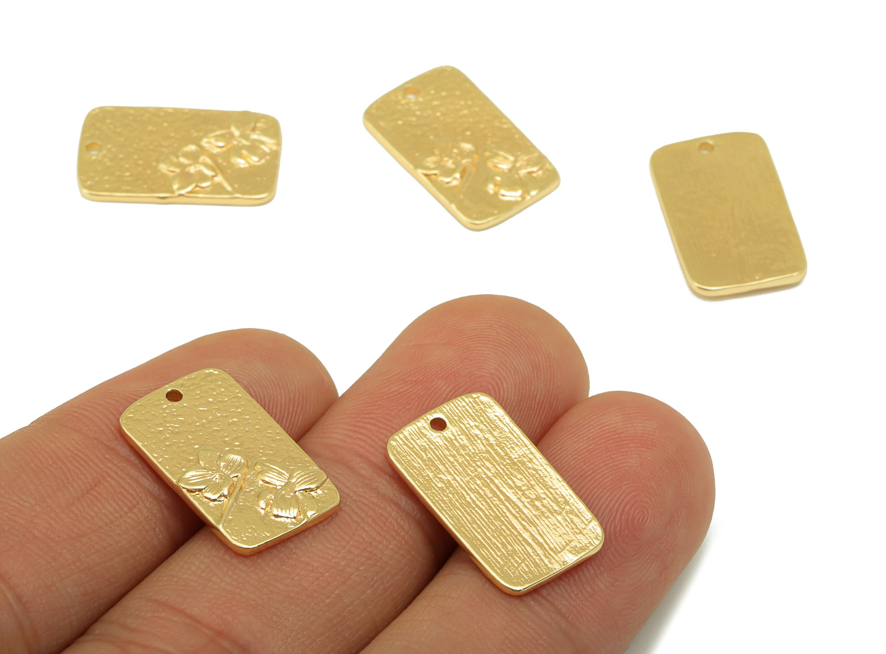 Brass Flower Charm - Brass Orchid Earring Charm - Oval Rectangle Hammered Charm - For Necklace - 18K Real Gold Plated - 19x11x1.5mm-RGP6318 - DOMEDBAZAAR