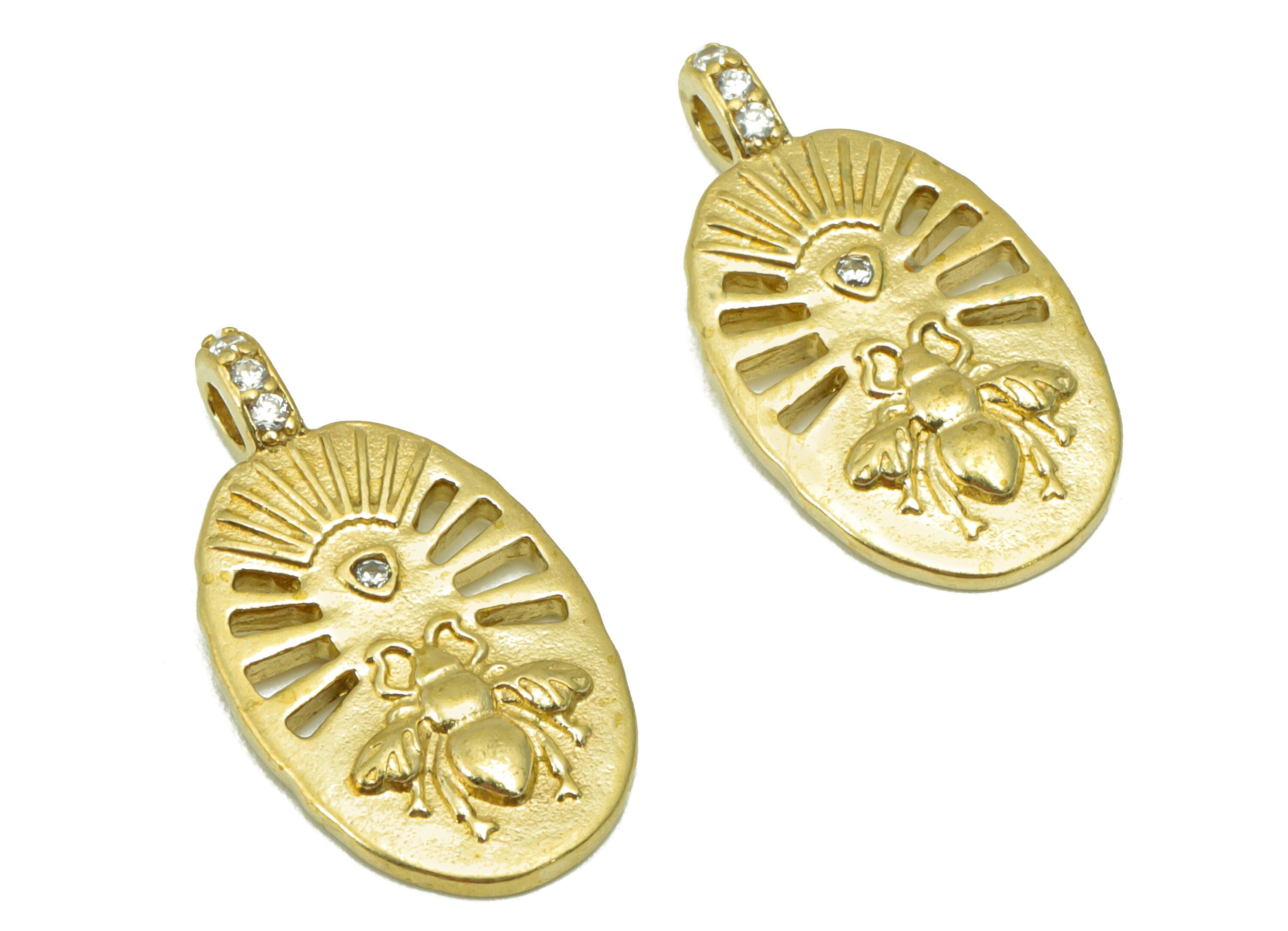 Brass Oval Bee Earring- Raw Brass Bee Pendant-Cubic Zircon- Fly Charm -Animal Pendant- Earring Charm-JewelrySupplies -21x11x1.59mm-PP8504 - DOMEDBAZAAR