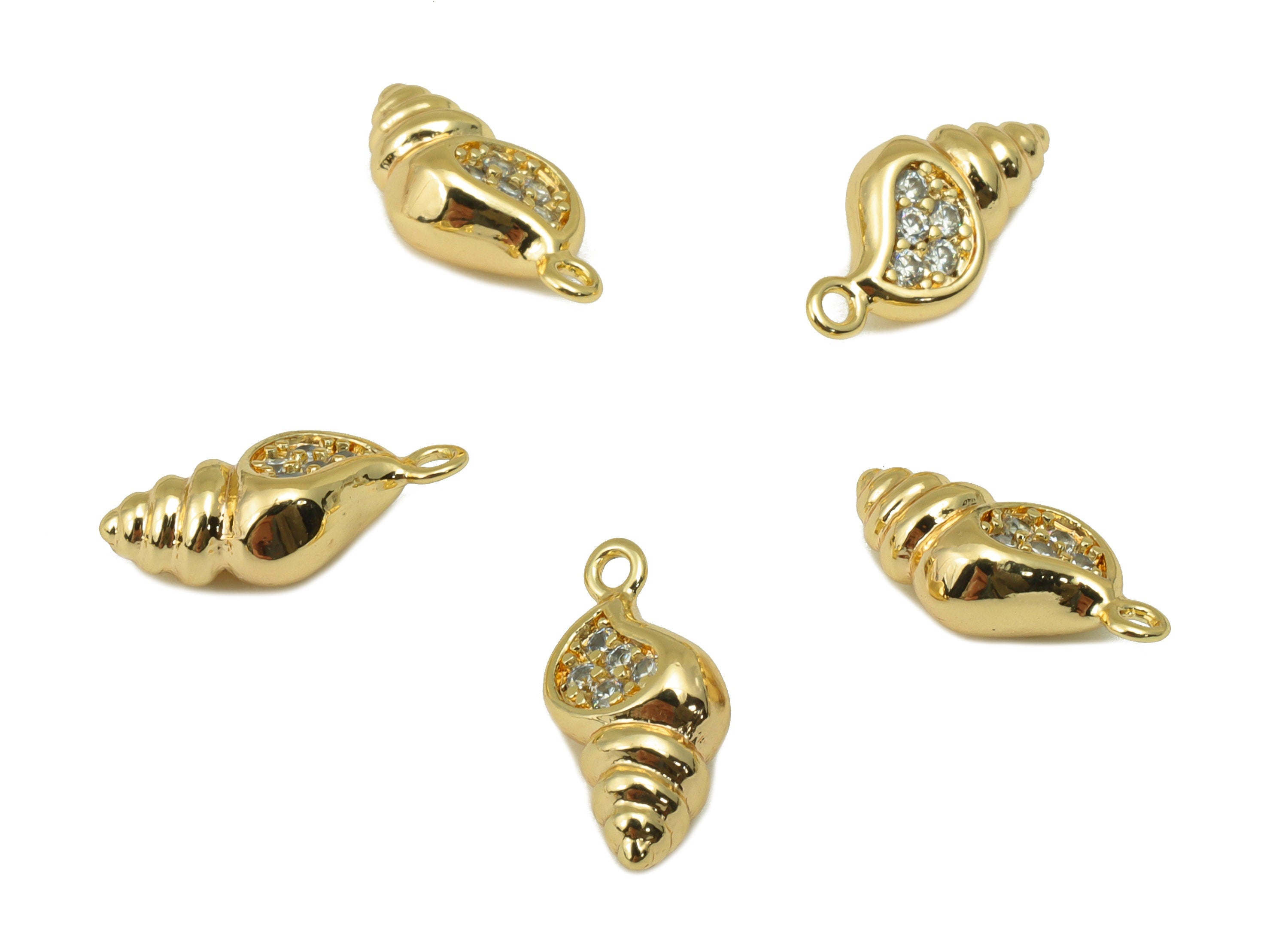 Brass Conch Charm - Brass Seashell CZ Earring Charm - Cubic Zirconia Earring Charm - For Necklace - 18K Real Gold Plated -14x6x5mm-RGP6319 - DOMEDBAZAAR