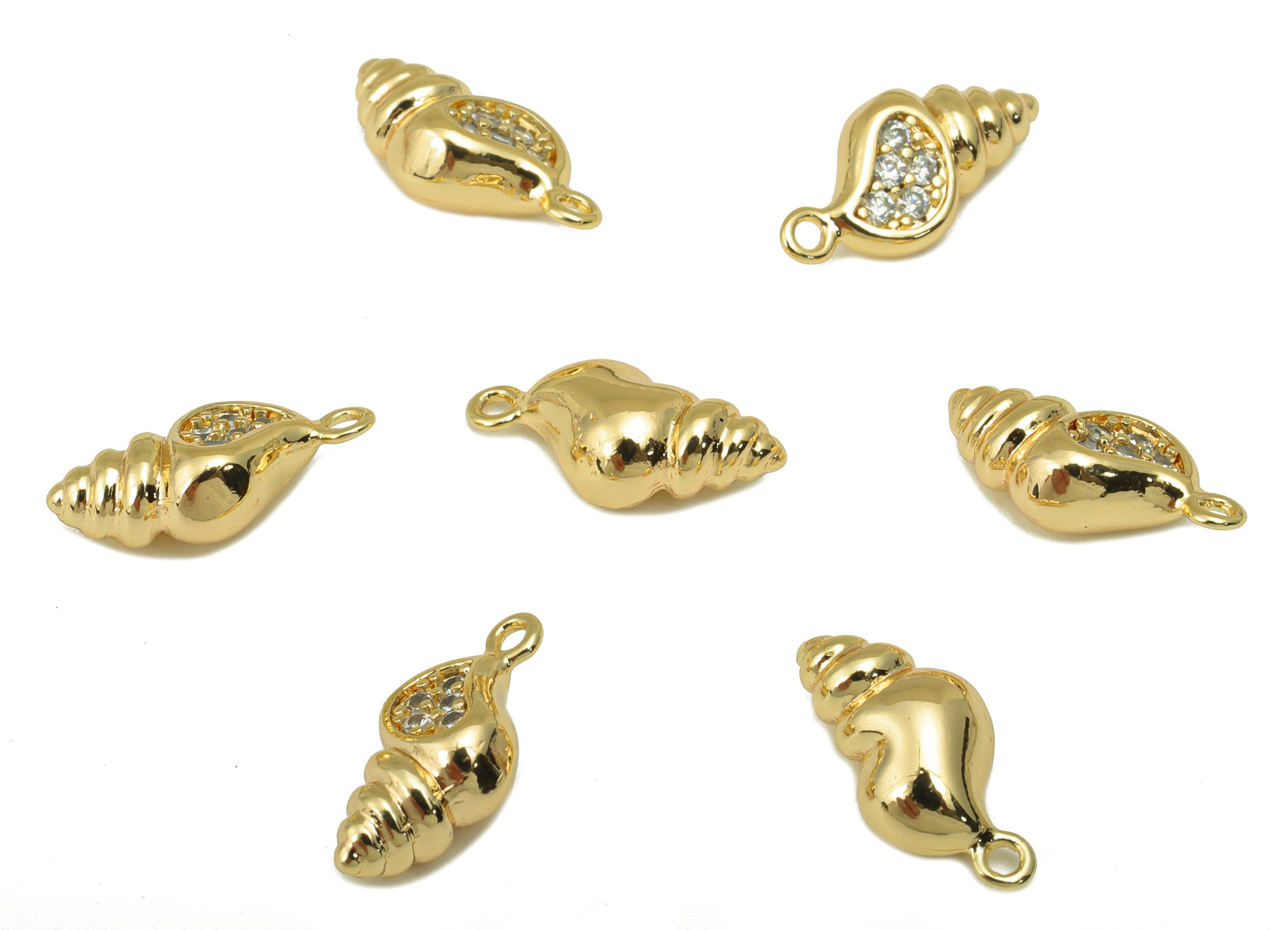 Brass Conch Charm - Brass Seashell CZ Earring Charm - Cubic Zirconia Earring Charm - For Necklace - 18K Real Gold Plated -14x6x5mm-RGP6319 - DOMEDBAZAAR