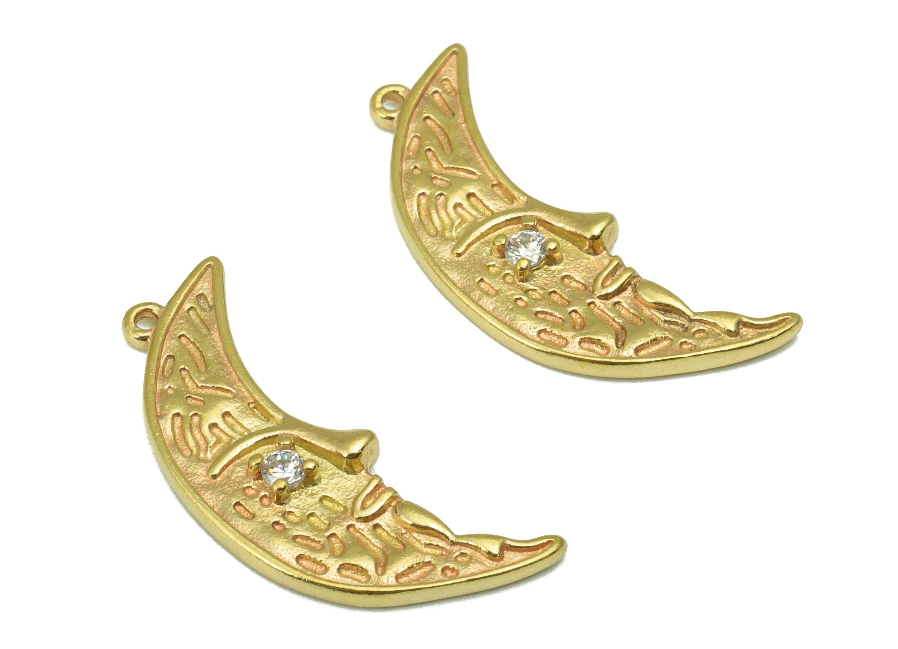 Brass Moon Face Earring - Raw Brass Texture Charm-Cubic zircon - Crescent Pendant - Earring Charm -Jewelry Supplies -26x12x 2.76mm-PP8502 - DOMEDBAZAAR