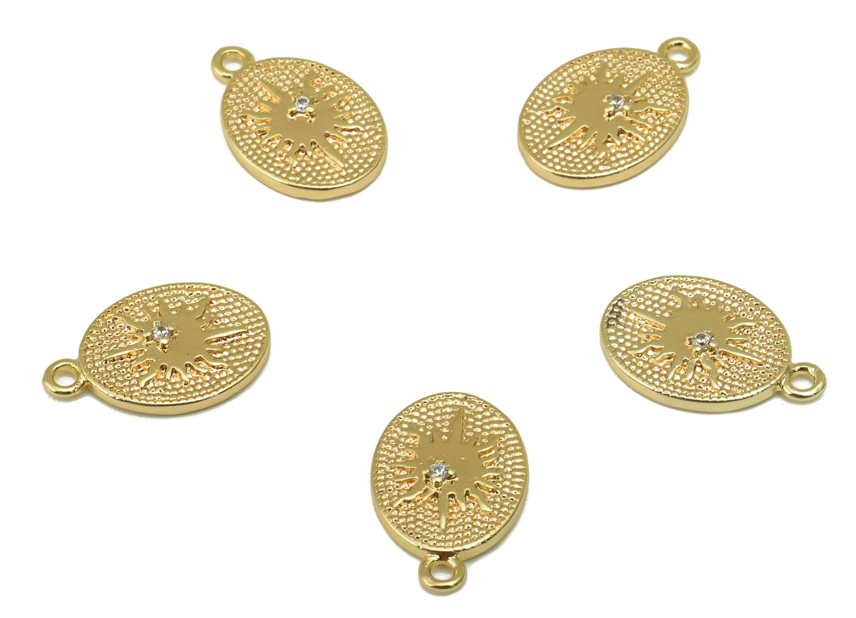 Brass Ellipse Charm - North Star CZ Earring - Cubic Zirconia Hammered Star Gold Charm - For Necklace -18K Real Gold Plated-14x10x2mm-RGP6320 - DOMEDBAZAAR