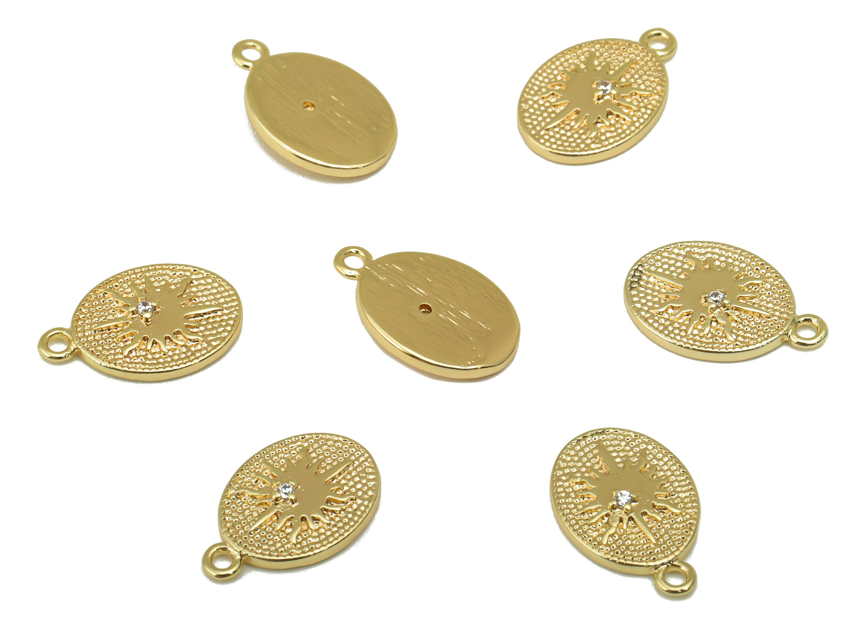 Brass Ellipse Charm - North Star CZ Earring - Cubic Zirconia Hammered Star Gold Charm - For Necklace -18K Real Gold Plated-14x10x2mm-RGP6320 - DOMEDBAZAAR