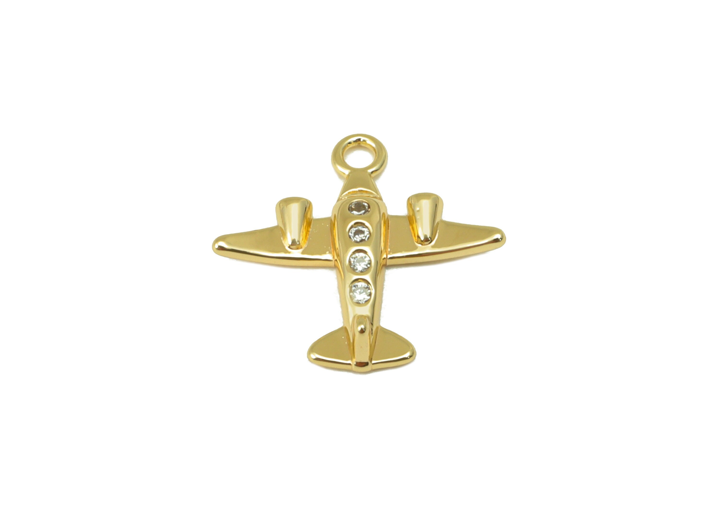 Brass Aircraft Charm - Brass Aircraft CZ Earring Charm - Cubic Zirconia Plane Charm - For Necklace - 18K Real Gold Plated -13x14x2mm-RGP6323 - DOMEDBAZAAR
