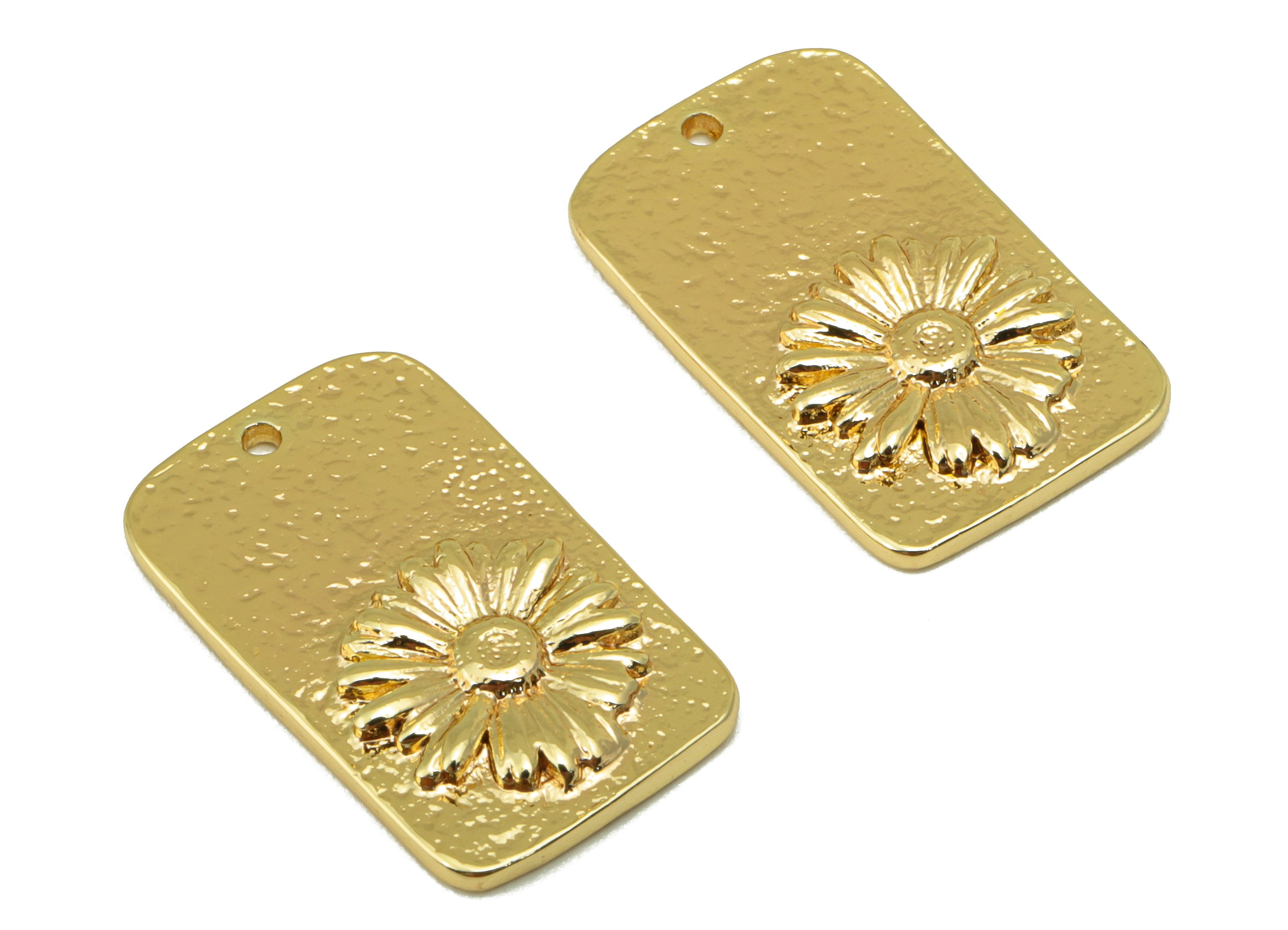 Brass Hammered Charm - Brass Daisy Earring Charm - Flower Oval Rectangle Textured Pendant - 18K Real Gold Plated - 19.48x12x1.06mm- RGP6343 - DOMEDBAZAAR