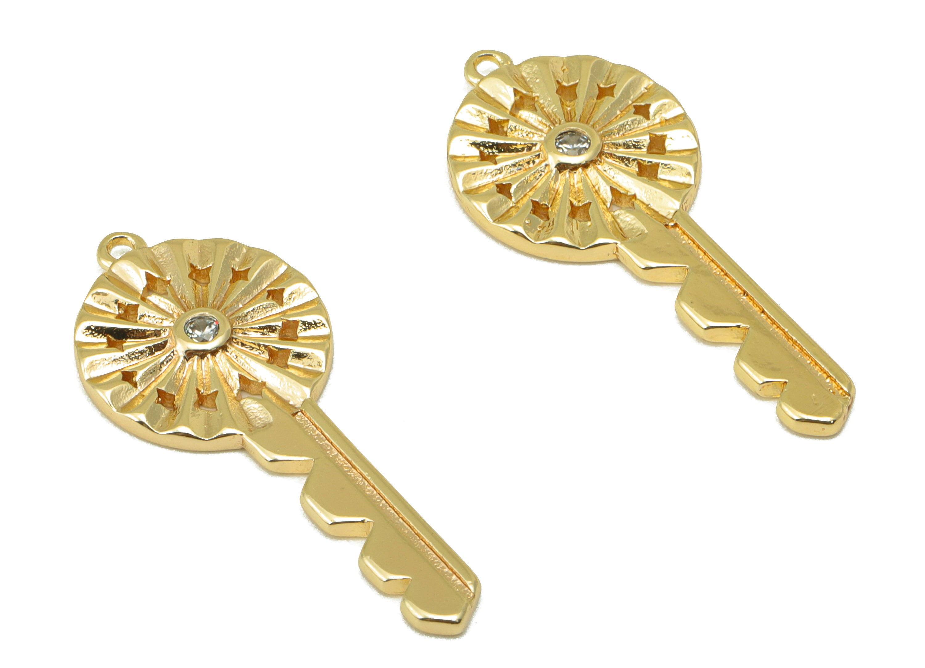 Brass Key Charm - Brass Cubic Zirconia Charm - Textured Star Earring Charm - For Necklace - 18K Real Gold Plated - 31x 13x2.06mm- RGP6344 - DOMEDBAZAAR