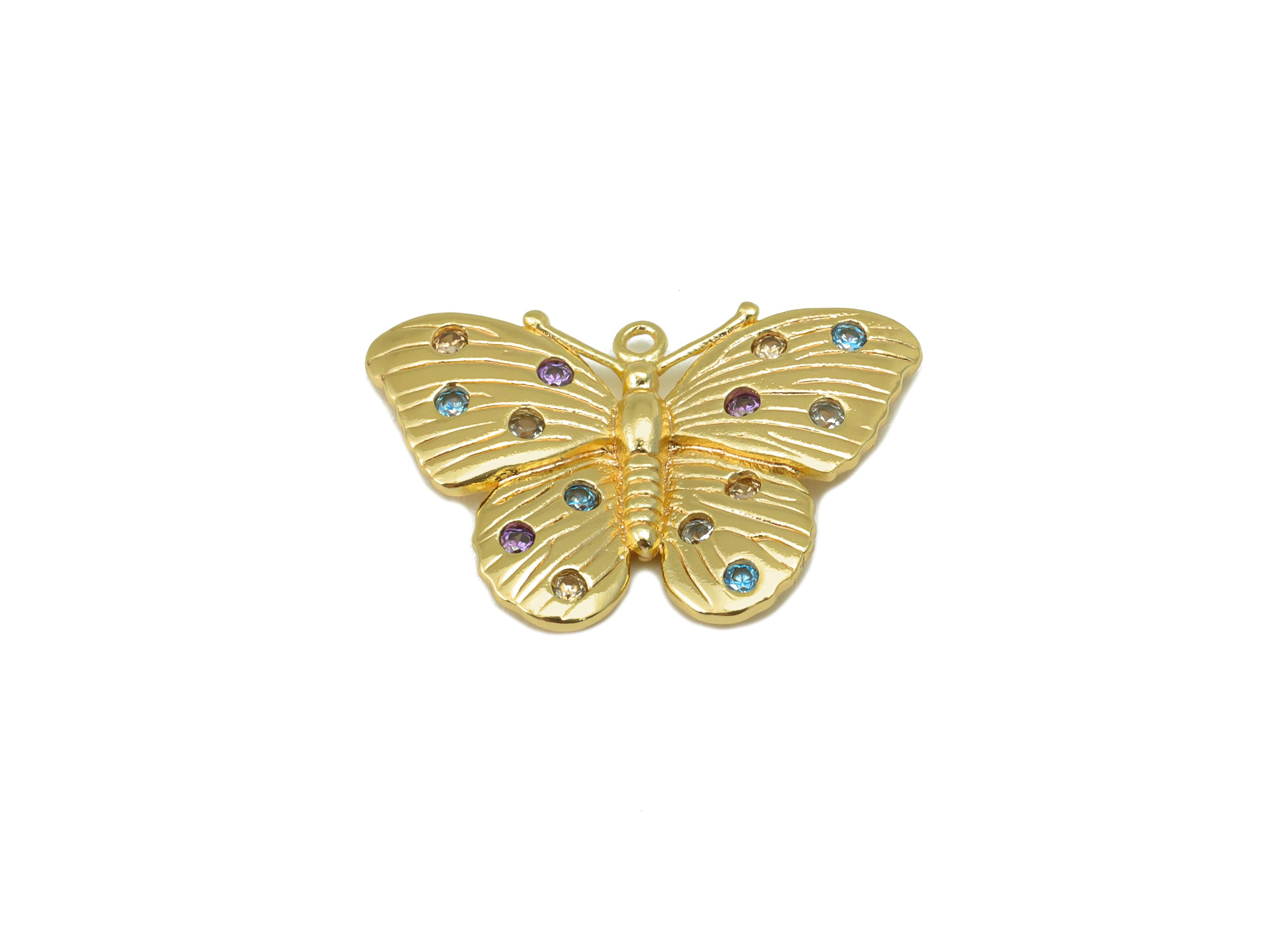 Brass Butterfly Charm - Brass Cubic Zirconia Charm - Rainbow CZ Butterfly Pendant - For Necklace - 18K Real Gold Plated - 22x15x2mm- RGP6348 - DOMEDBAZAAR
