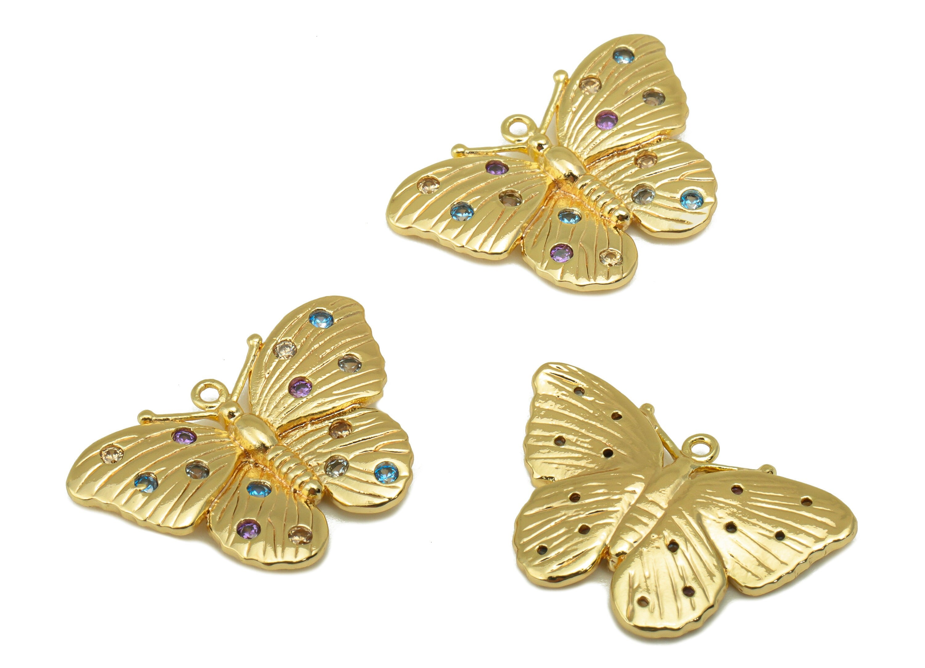 Brass Butterfly Charm - Brass Cubic Zirconia Charm - Rainbow CZ Butterfly Pendant - For Necklace - 18K Real Gold Plated - 22x15x2mm- RGP6348 - DOMEDBAZAAR