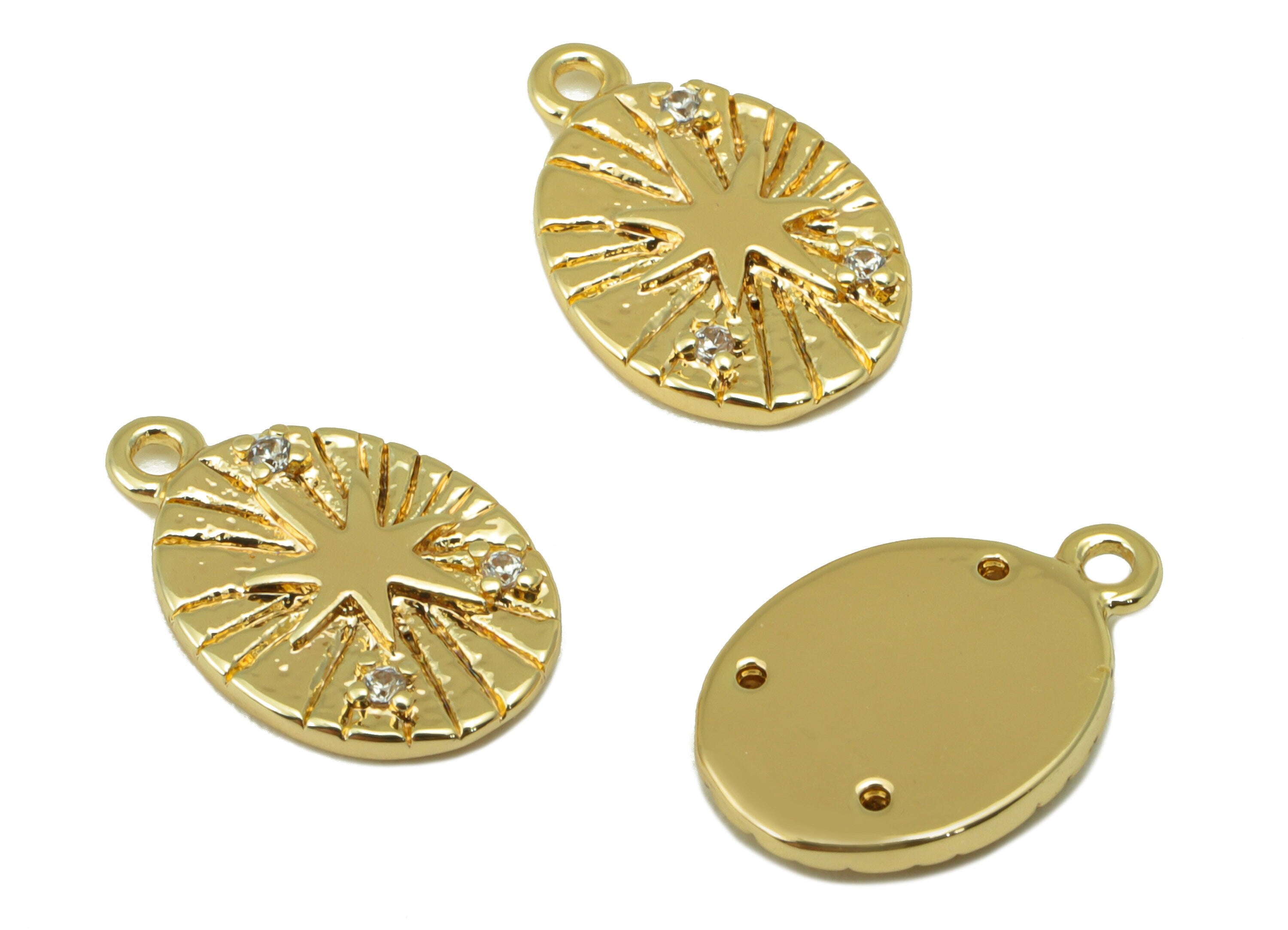 Brass Ellipse Charm - Brass Cubic Zirconia Charm - Textured North Star Earring - For Necklace - 18K Real Gold Plated - 14.4x9x2mm- RGP6349 - DOMEDBAZAAR
