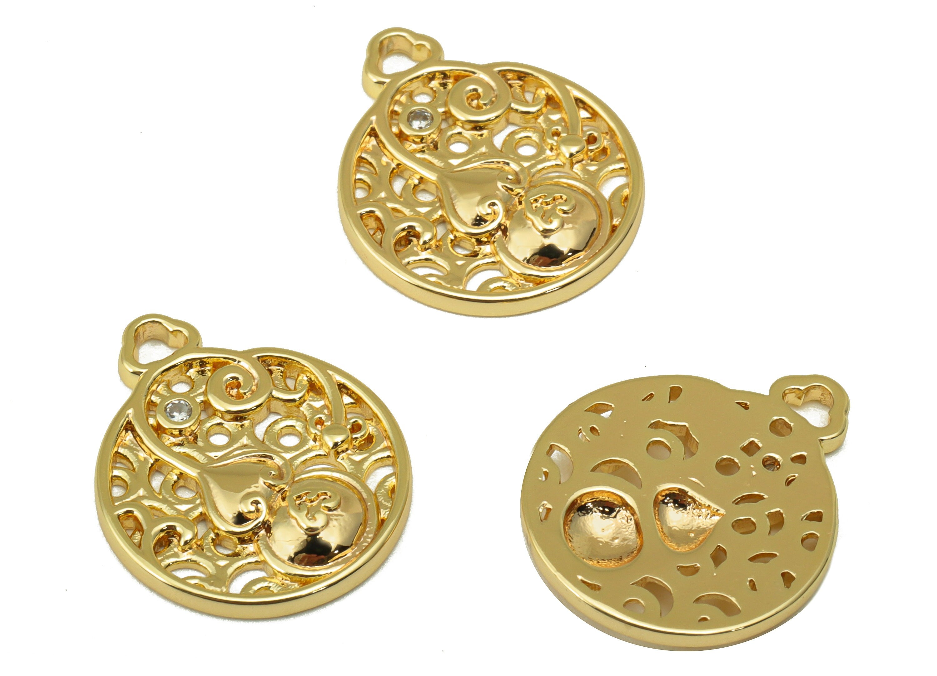 Brass Gourd Charm - Brass Cubic Zirconia Earring Charm - Hollow Botanical Earring - For Necklace - 18K Real Gold Plated-18x15x1.5mm- RGP6361 - DOMEDBAZAAR