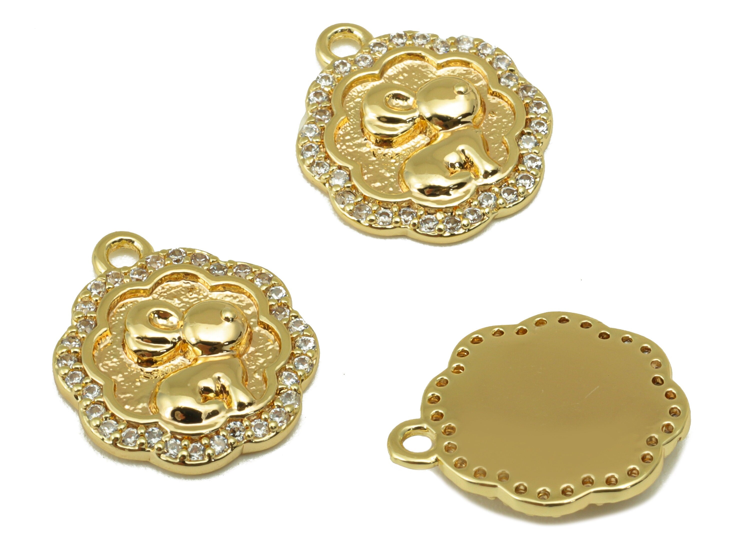 Brass Rabbit Charm - Brass Cubic Zirconia Earring Charm - Textured CZ Flower Earring - For Necklace -18K Real Gold Plated-15x12x2mm- RGP6362 - DOMEDBAZAAR