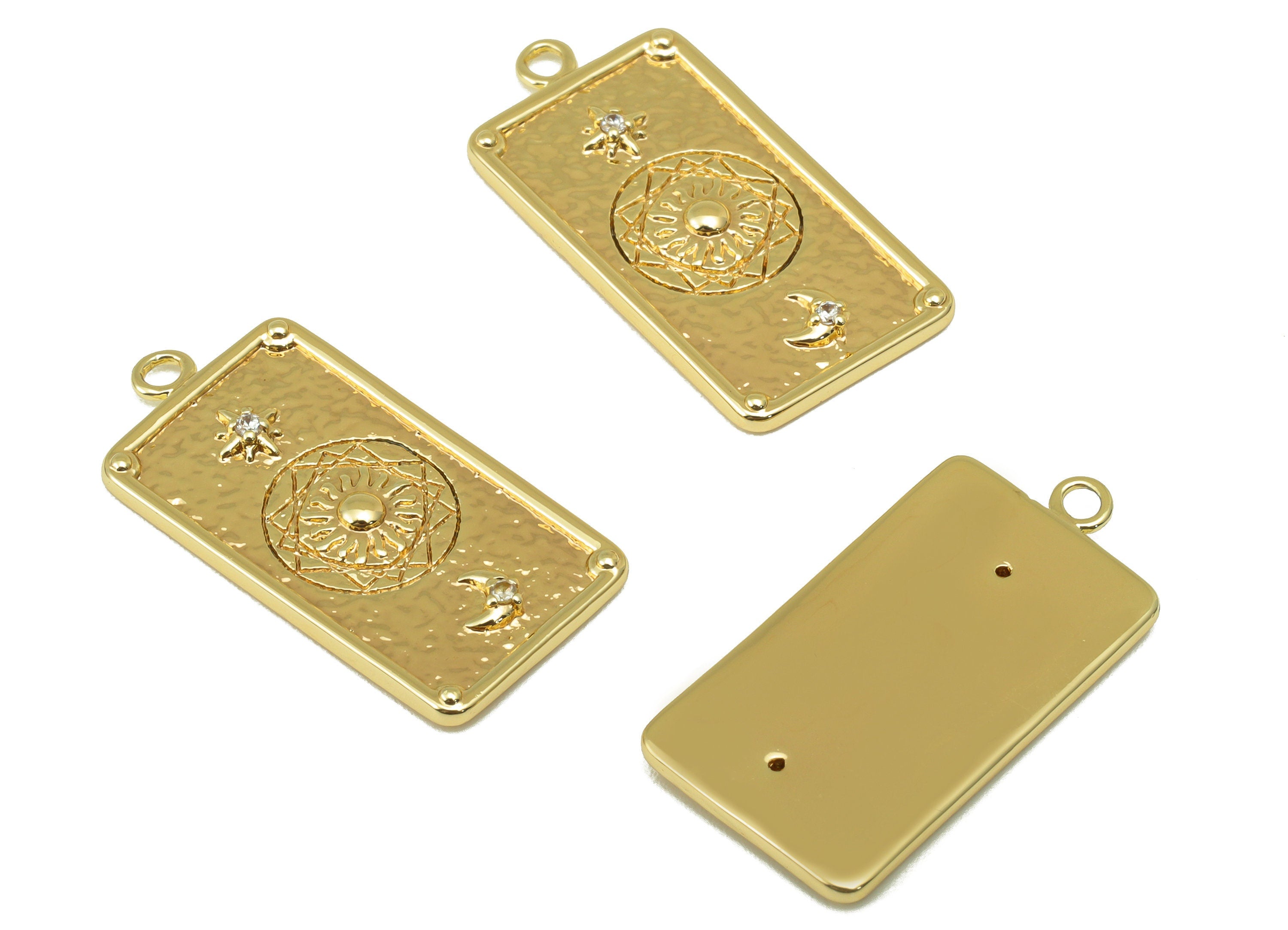 Brass Rectangle Earring - Brass Sun Crescent Charm - Cubic Zircon - CZ Textured Star Pendant - 18K Real Gold Plated - 27x13.6x2.1mm- RGP6374 - DOMEDBAZAAR