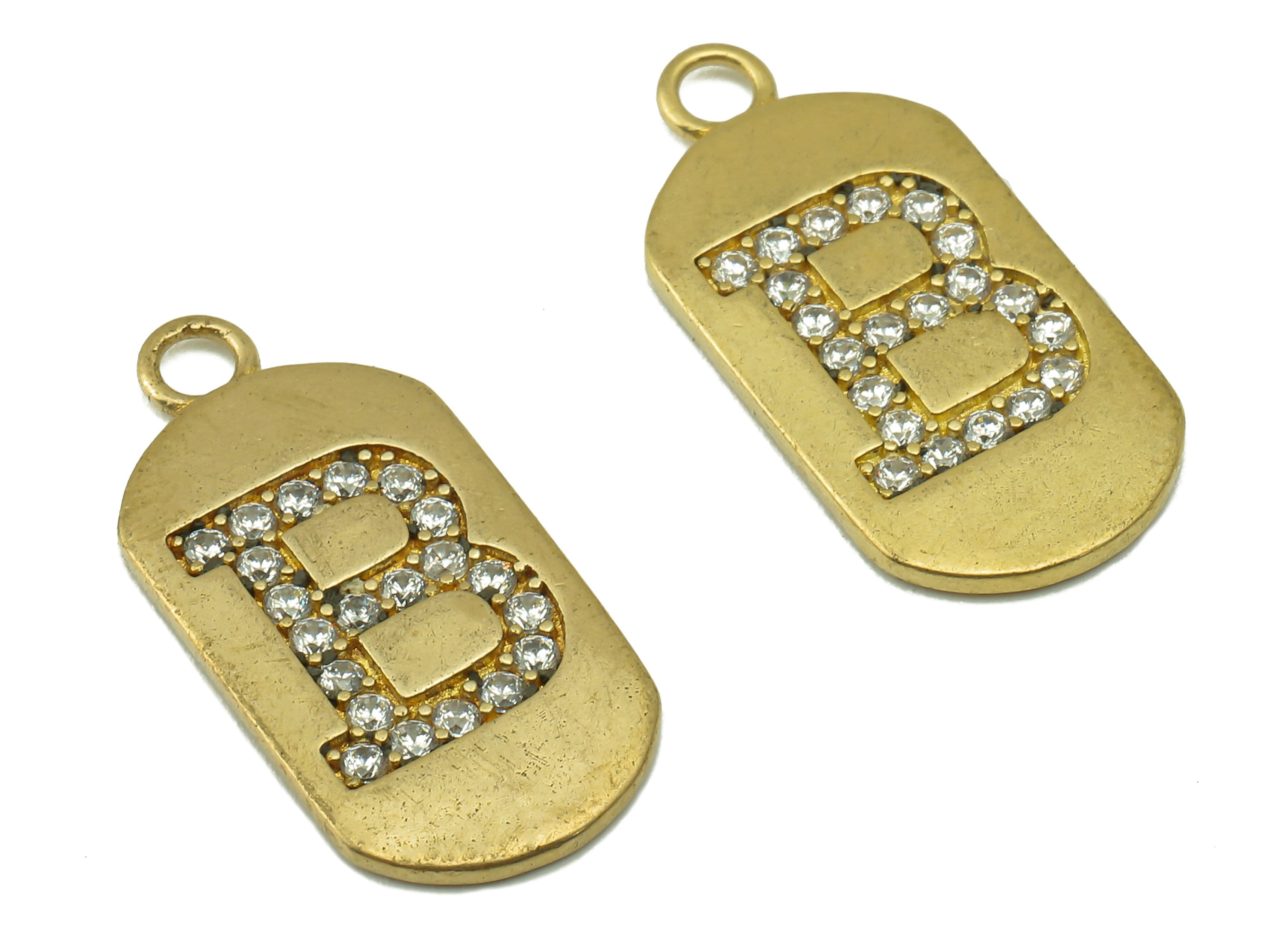 Brass Earring Charms - Raw Brass Long Oval Letter B with Zircons - Cubic Zircons Initial B - Jewelry Making Supplies - 24x11x1.6mm - PP7442B - DOMEDBAZAAR