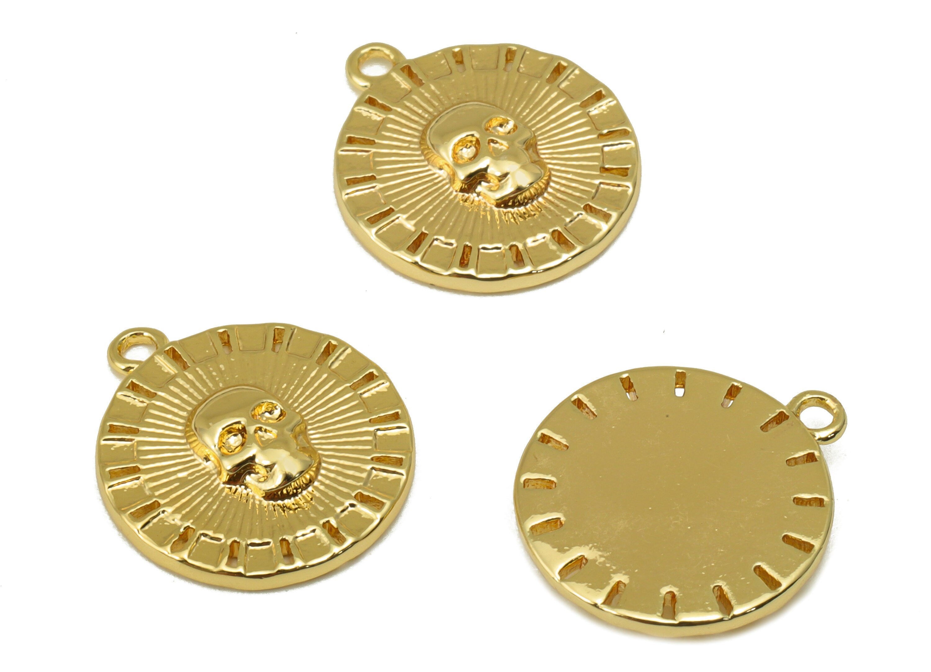 Brass Round Earring - Brass Skull Charm - Textured Circle Pendant - For Necklace - 18K Real Gold Plated - 16.37x14.25x 2.82mm- RGP6386 - DOMEDBAZAAR