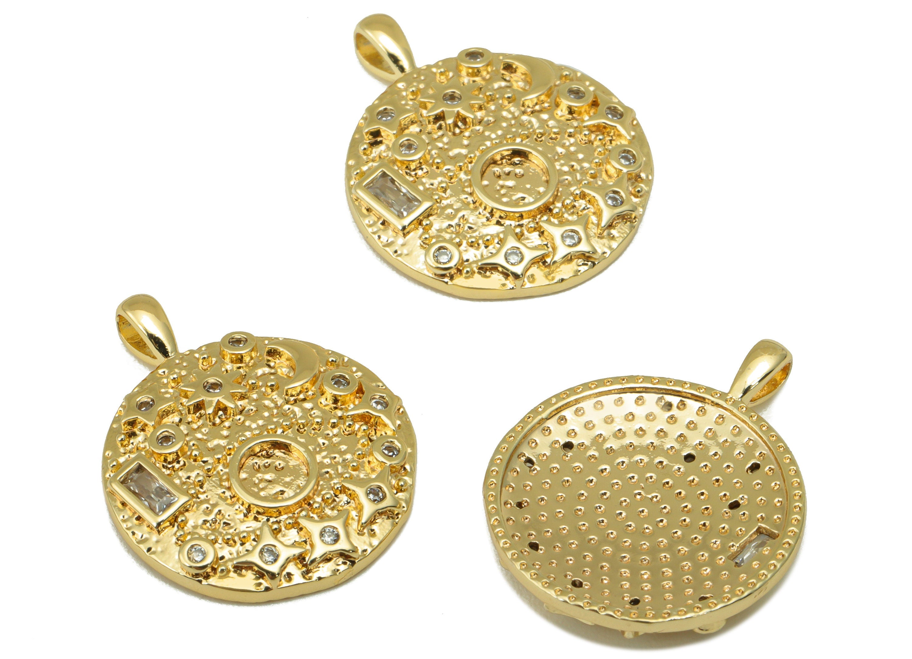 Brass Round Star Earring - Crescent Dot Charm - Textured Planet Cubic Zirconia Pendant - For Necklace-18K Real Gold Plated-20x16x2mm-RGP6387 - DOMEDBAZAAR