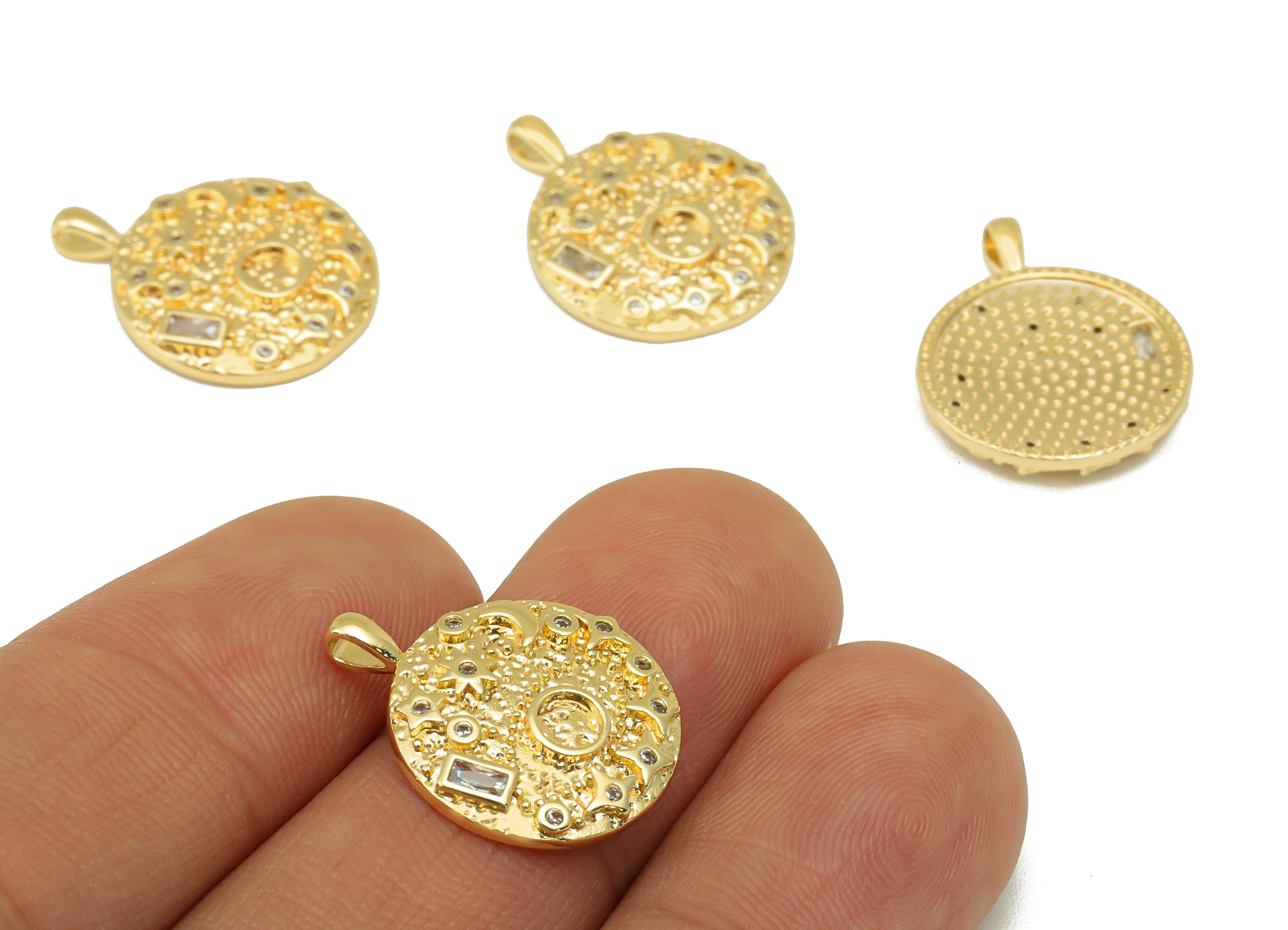 Brass Round Star Earring - Crescent Dot Charm - Textured Planet Cubic Zirconia Pendant - For Necklace-18K Real Gold Plated-20x16x2mm-RGP6387 - DOMEDBAZAAR