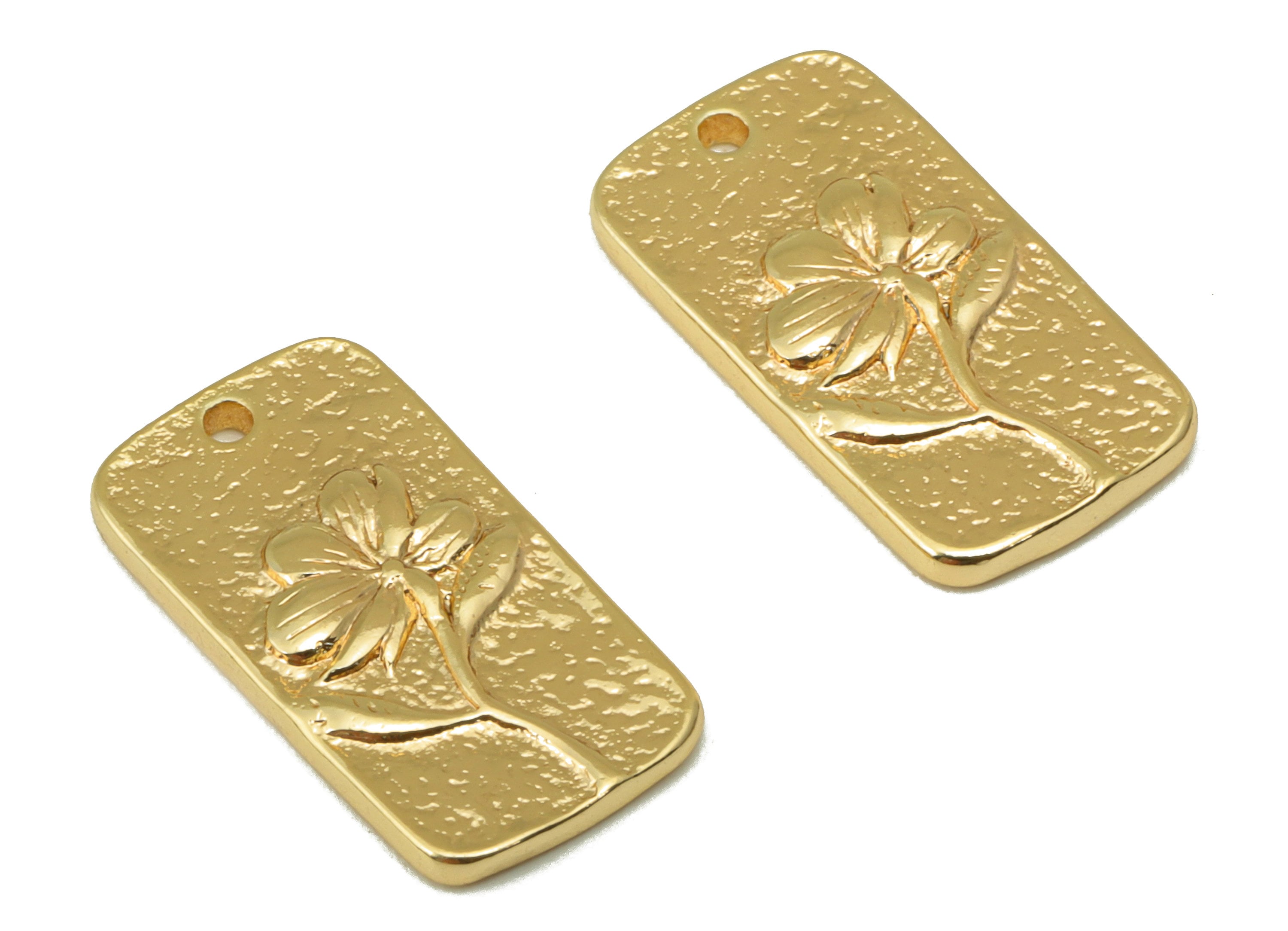 Brass Oval Rectangle Earring - Brass Periwinkle Charm -Hammered Flower Pendant - For Necklace -18k Real Gold Plated- 18x 9x1.83mm - RGP6389 - DOMEDBAZAAR