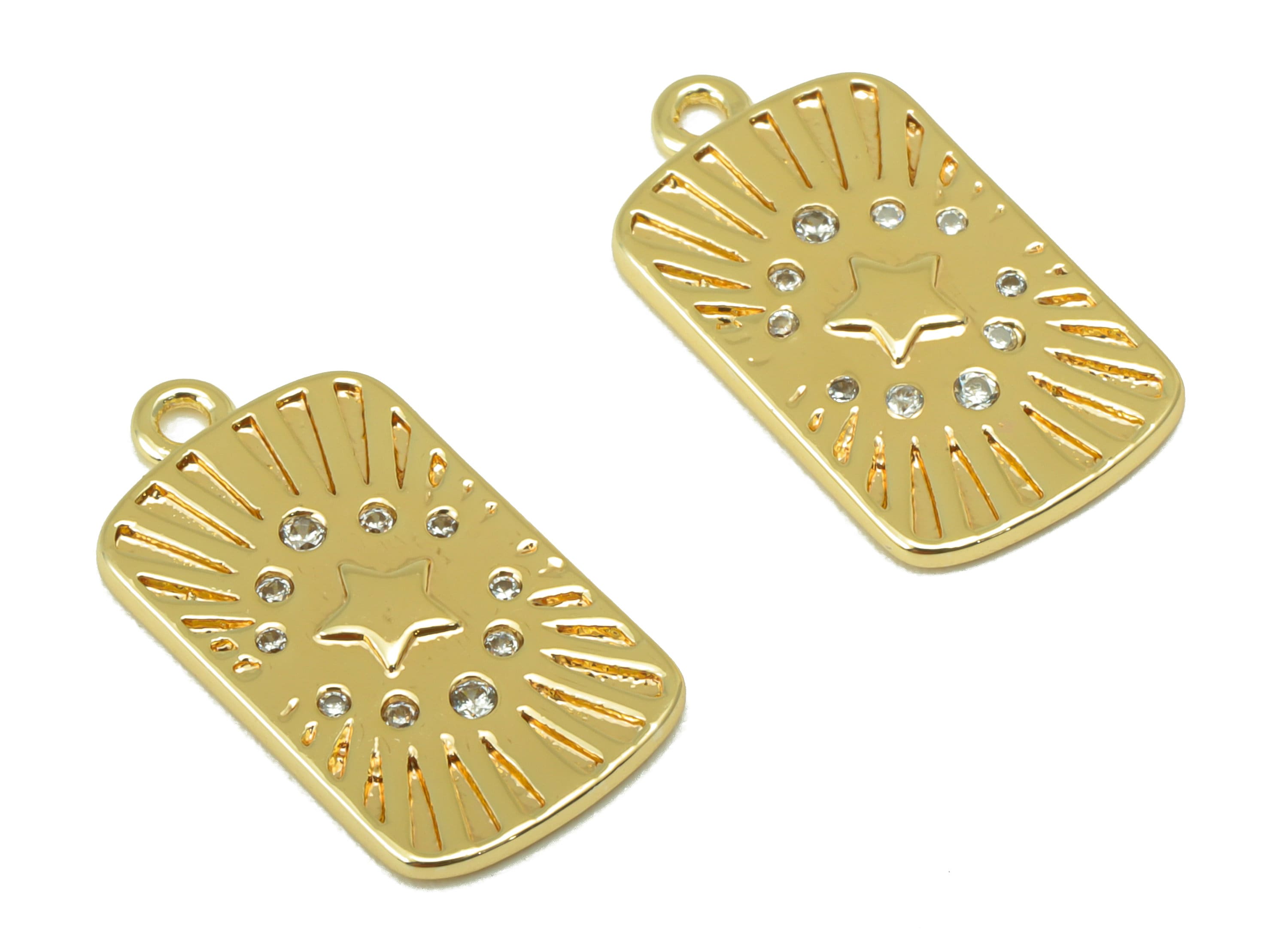 Brass Oval Rectangle Earring - Brass Cubic Zirconia Star Charm - Hammered CZ Pendant - For Necklace-18k Real Gold Plated-19x10x1mm - RGP6396 - DOMEDBAZAAR