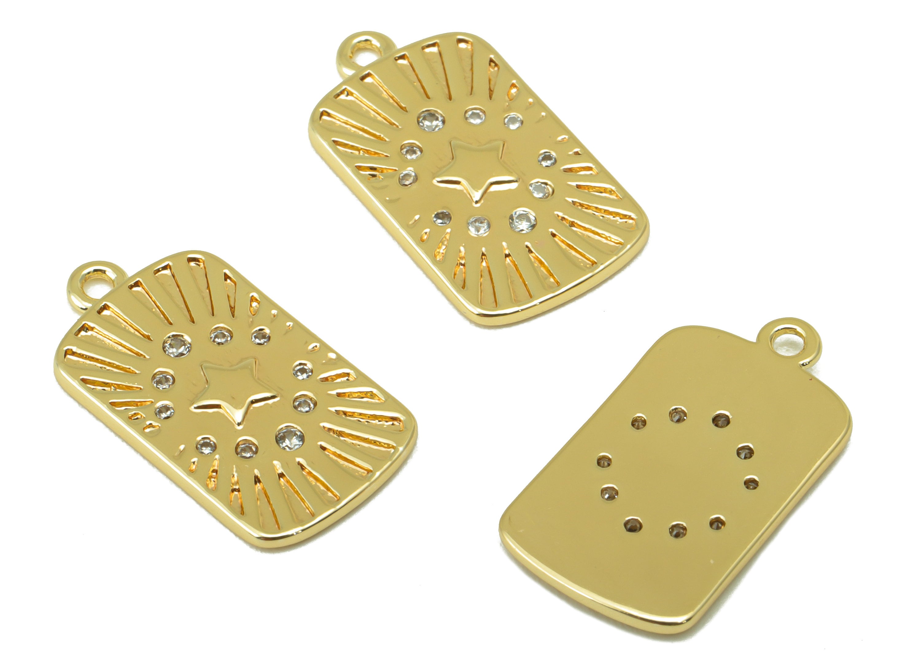 Brass Oval Rectangle Earring - Brass Cubic Zirconia Star Charm - Hammered CZ Pendant - For Necklace-18k Real Gold Plated-19x10x1mm - RGP6396 - DOMEDBAZAAR